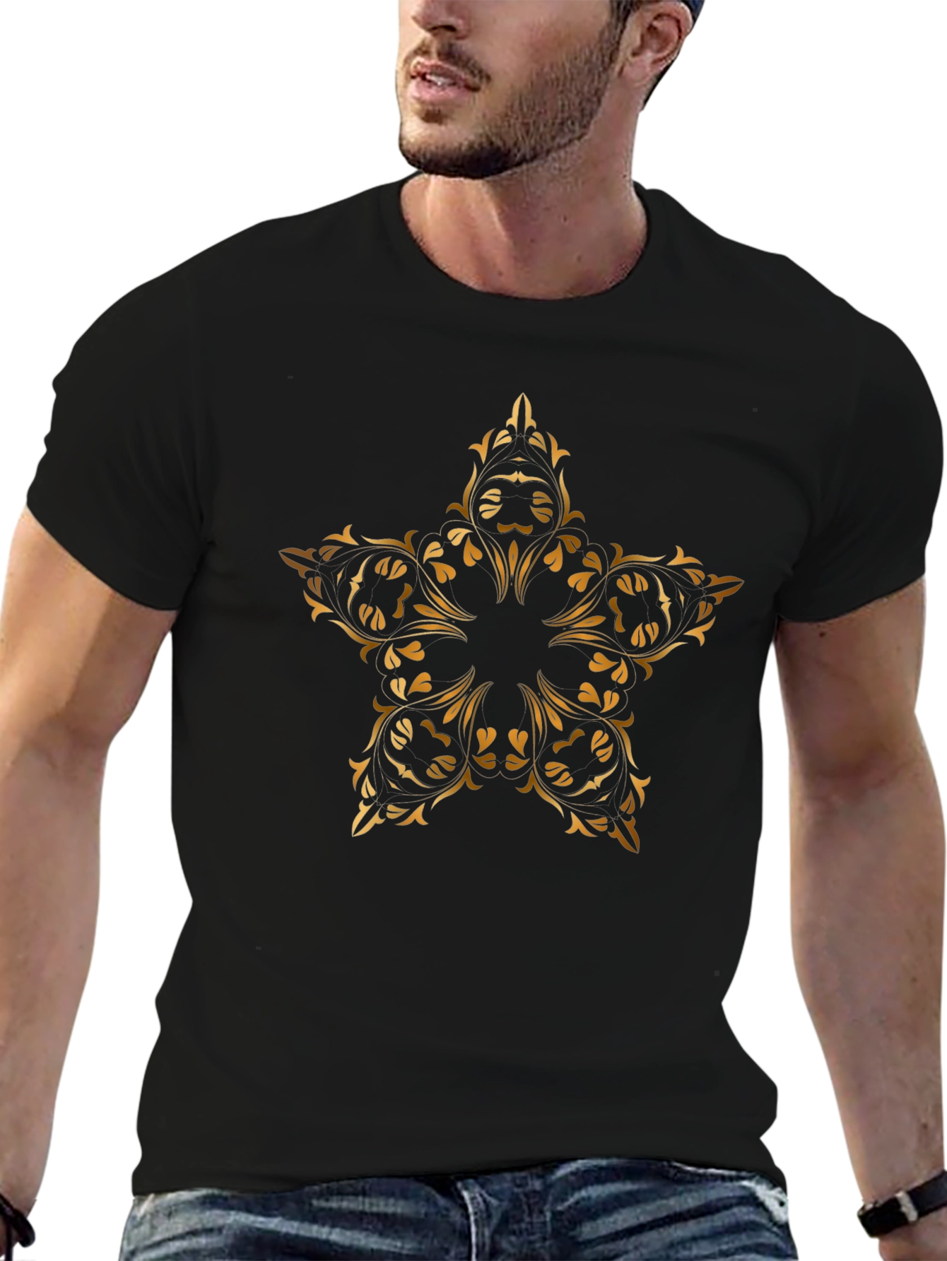 Stylish Black T-Shirt with Gold Floral Star Design