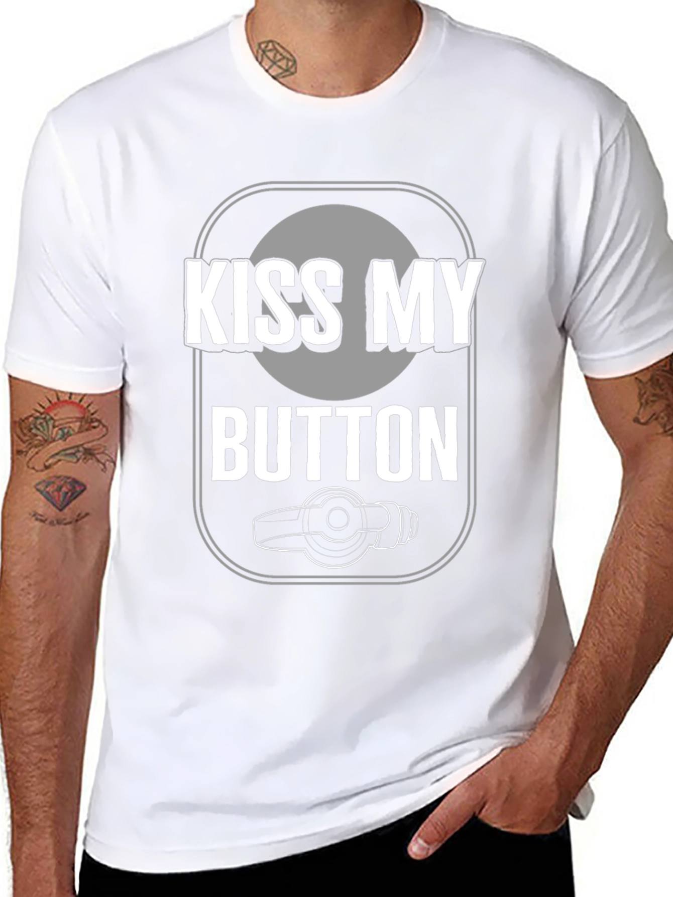 Kiss My Button Graphic Tee - Novelty T-Shirt