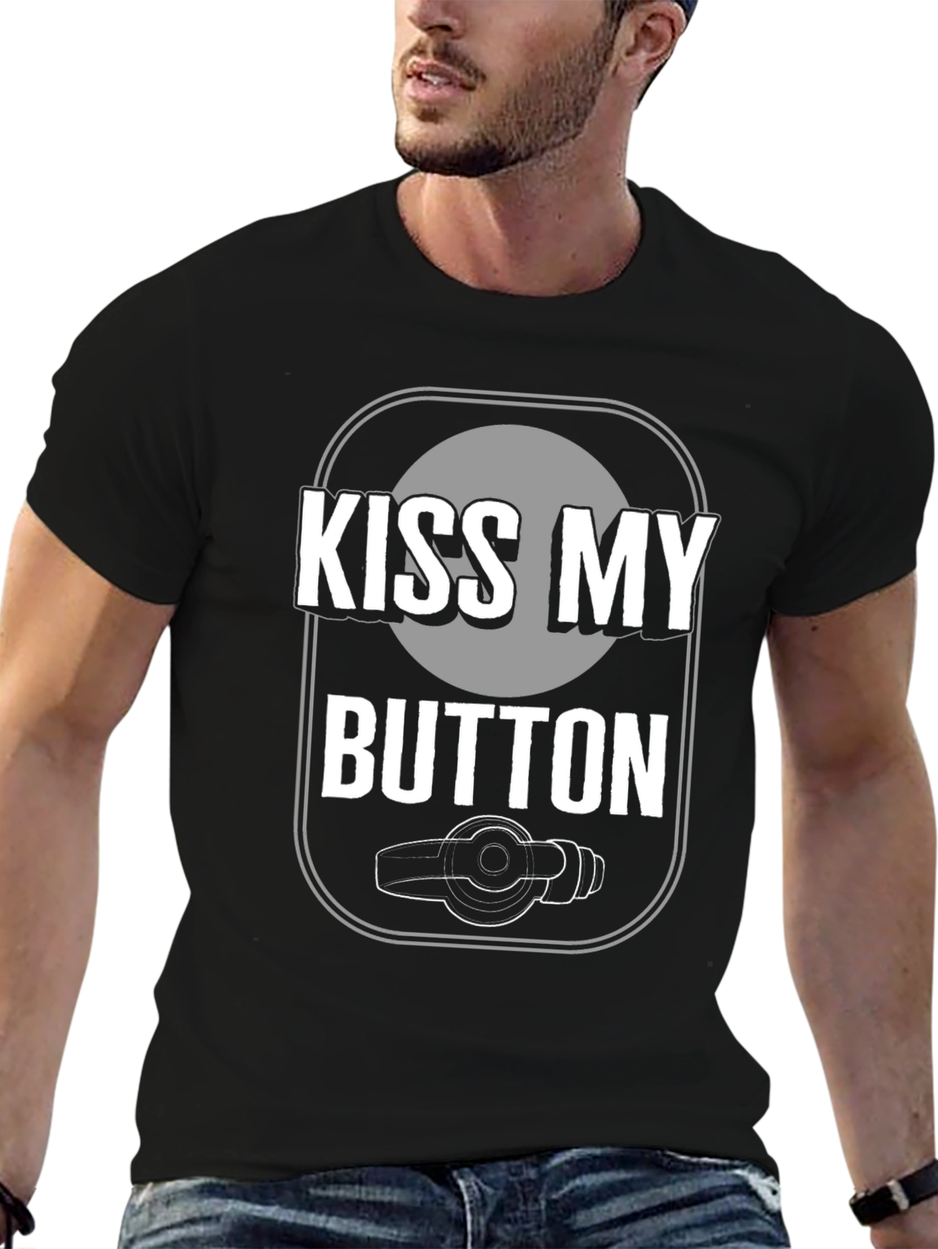 Kiss My Button Graphic Tee - Novelty T-Shirt
