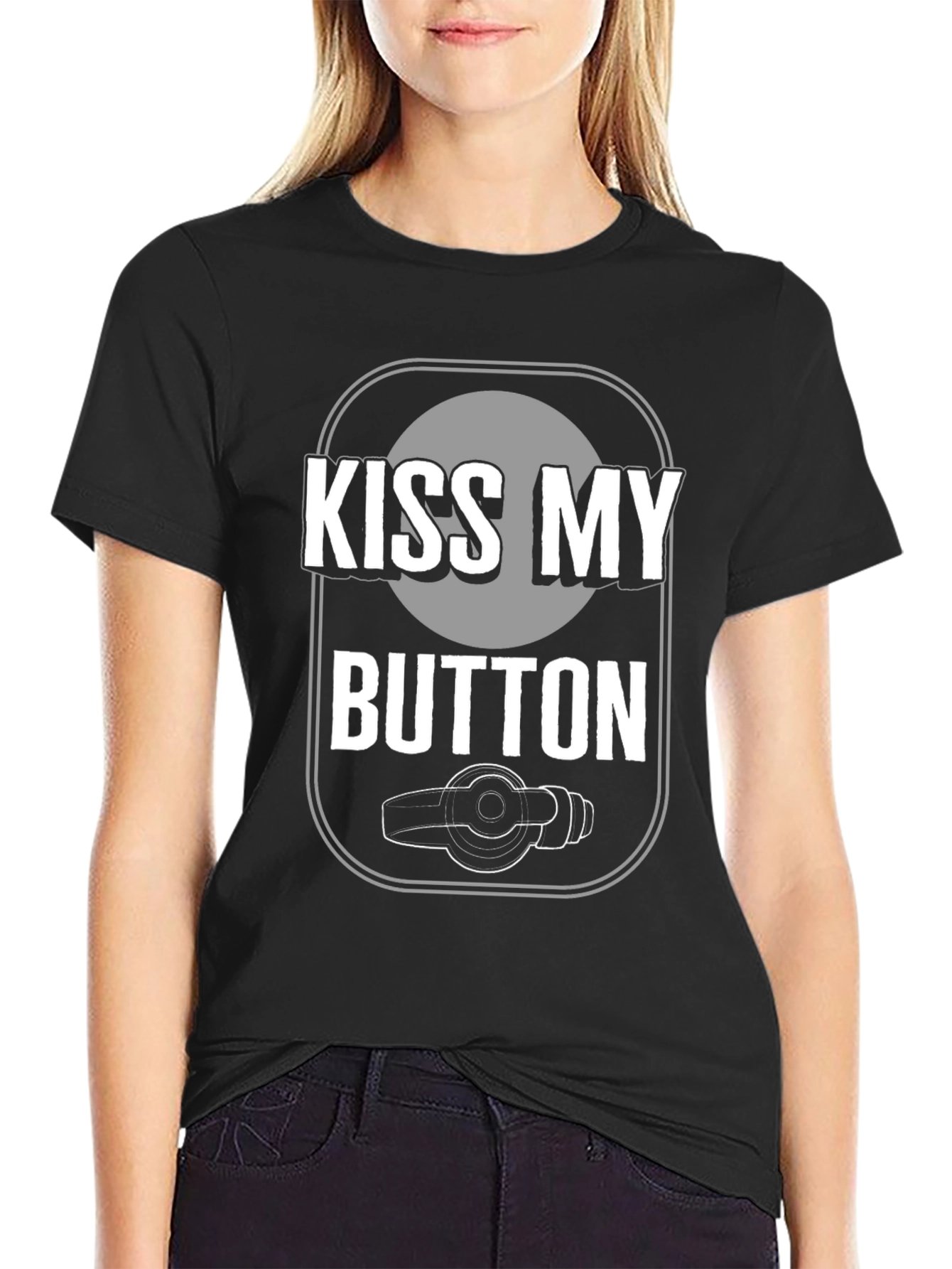 Kiss My Button Graphic Tee - Novelty T-Shirt