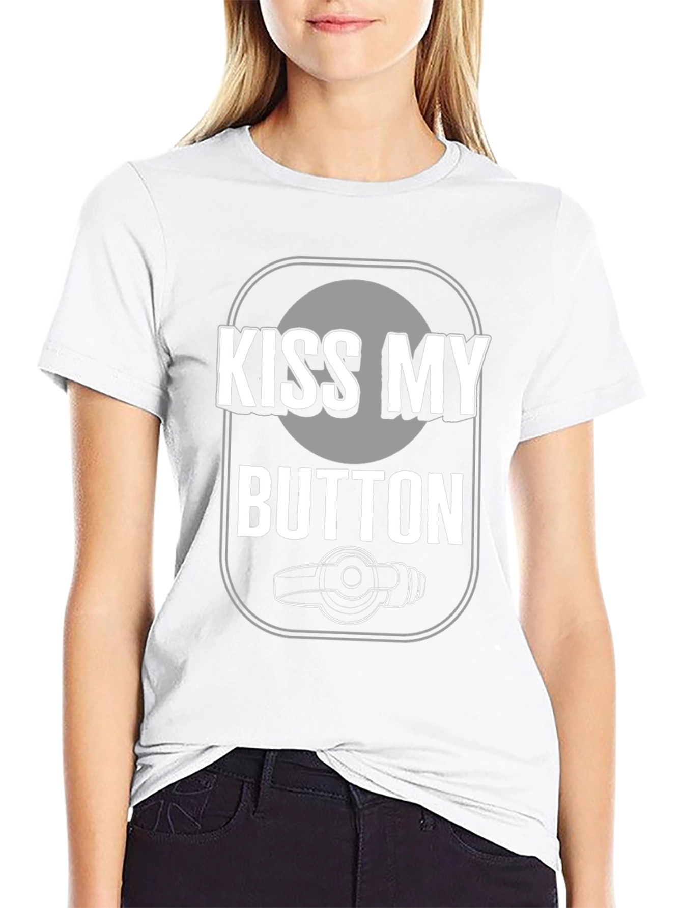 Kiss My Button Graphic Tee - Novelty T-Shirt