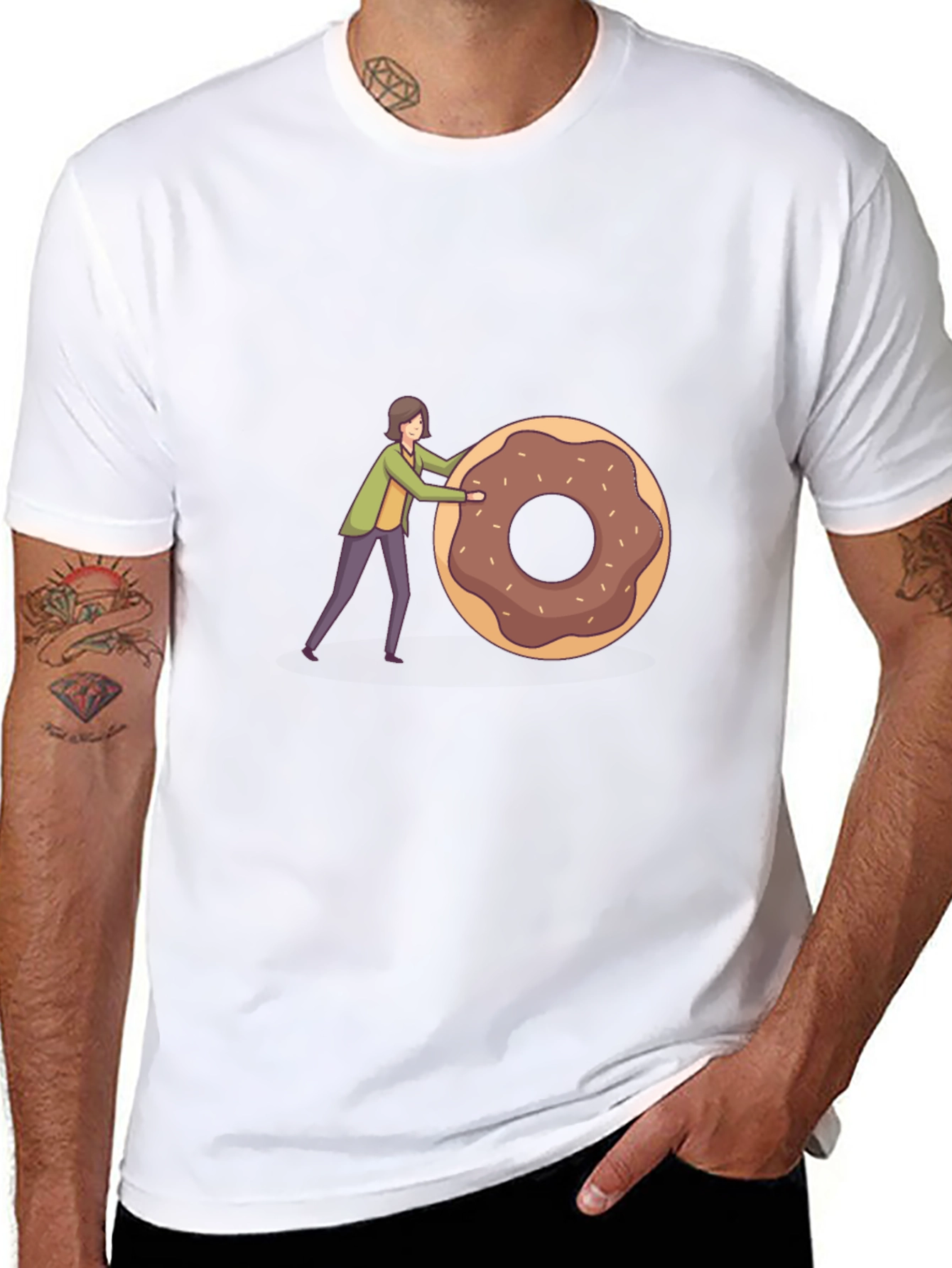 Humorous Donut Pushing Cartoon Graphic T-Shirt