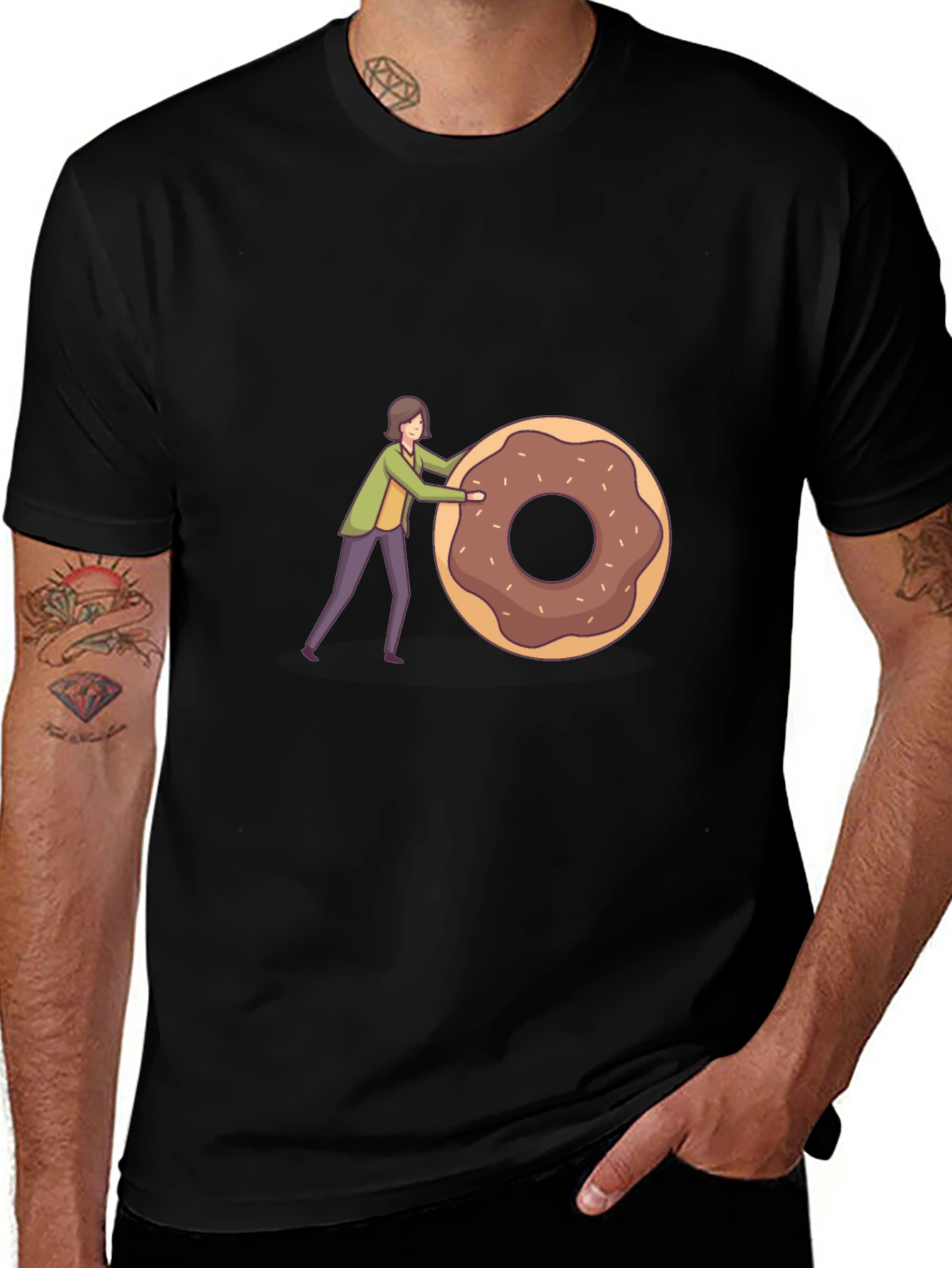 Humorous Donut Pushing Cartoon Graphic T-Shirt