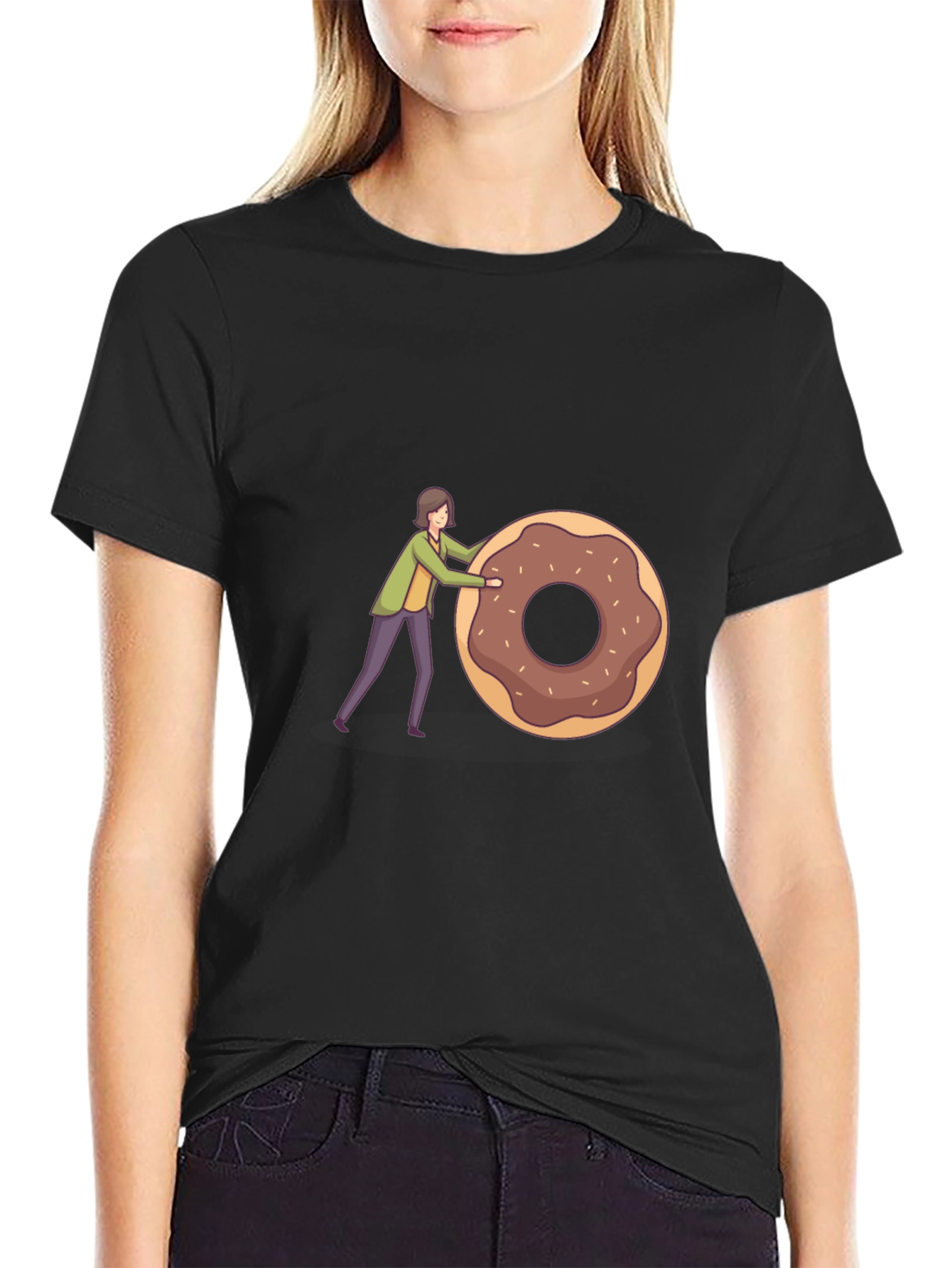 Humorous Donut Pushing Cartoon Graphic T-Shirt