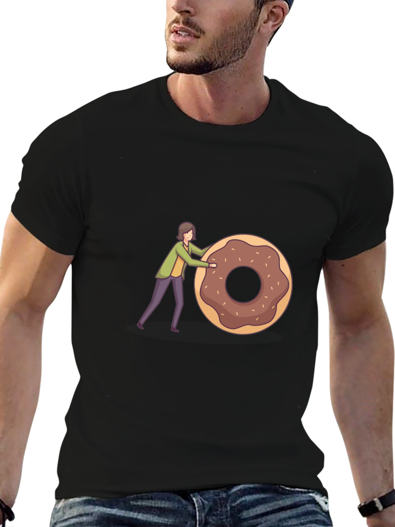 Humorous Donut Pushing Cartoon Graphic T-Shirt