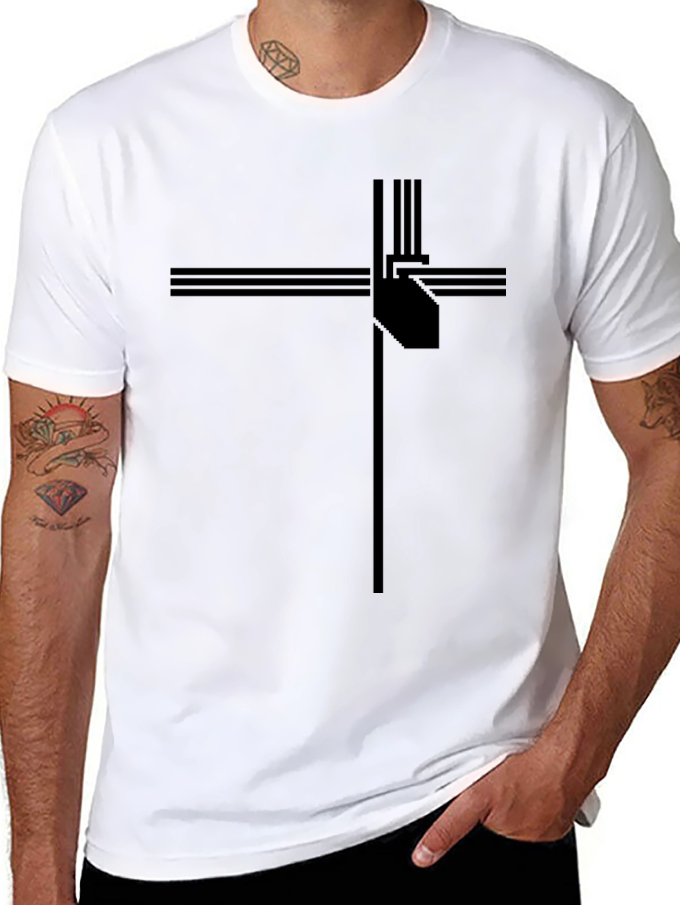 Modern Geometric Cross Graphic Tee - Black