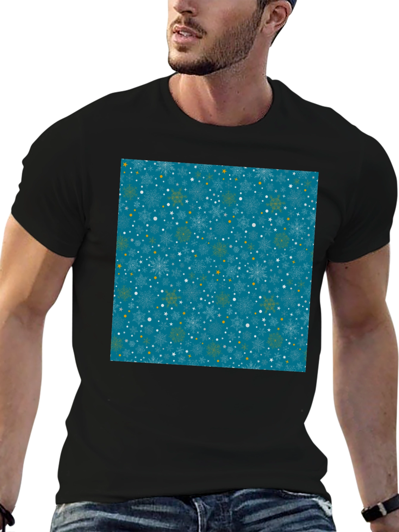 Winter Snowflake Pattern Black T-Shirt