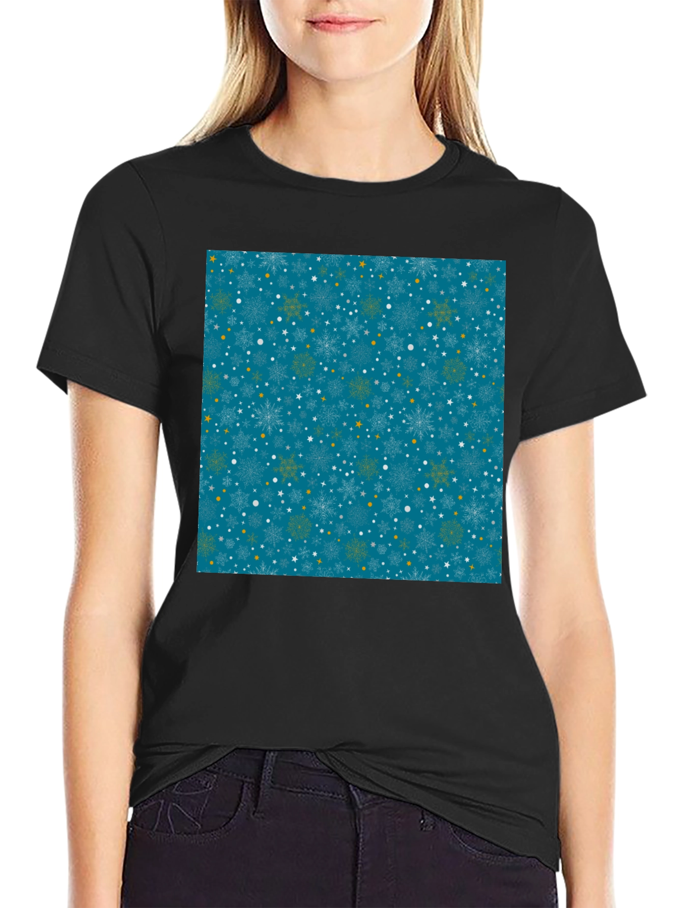 Winter Snowflake Pattern Black T-Shirt