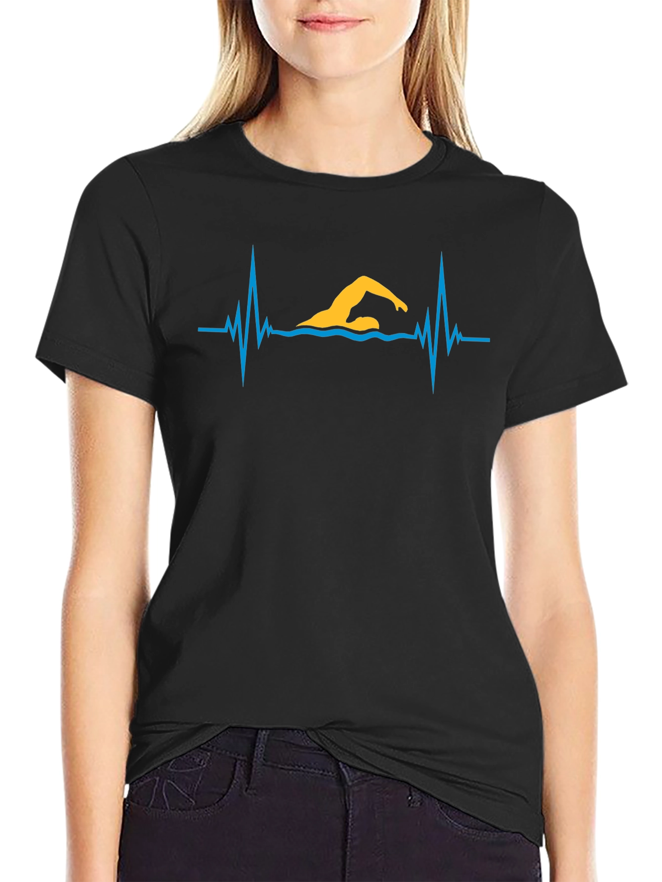 Swimmer Heartbeat Graphic Tee - Black Cotton T-Shirt