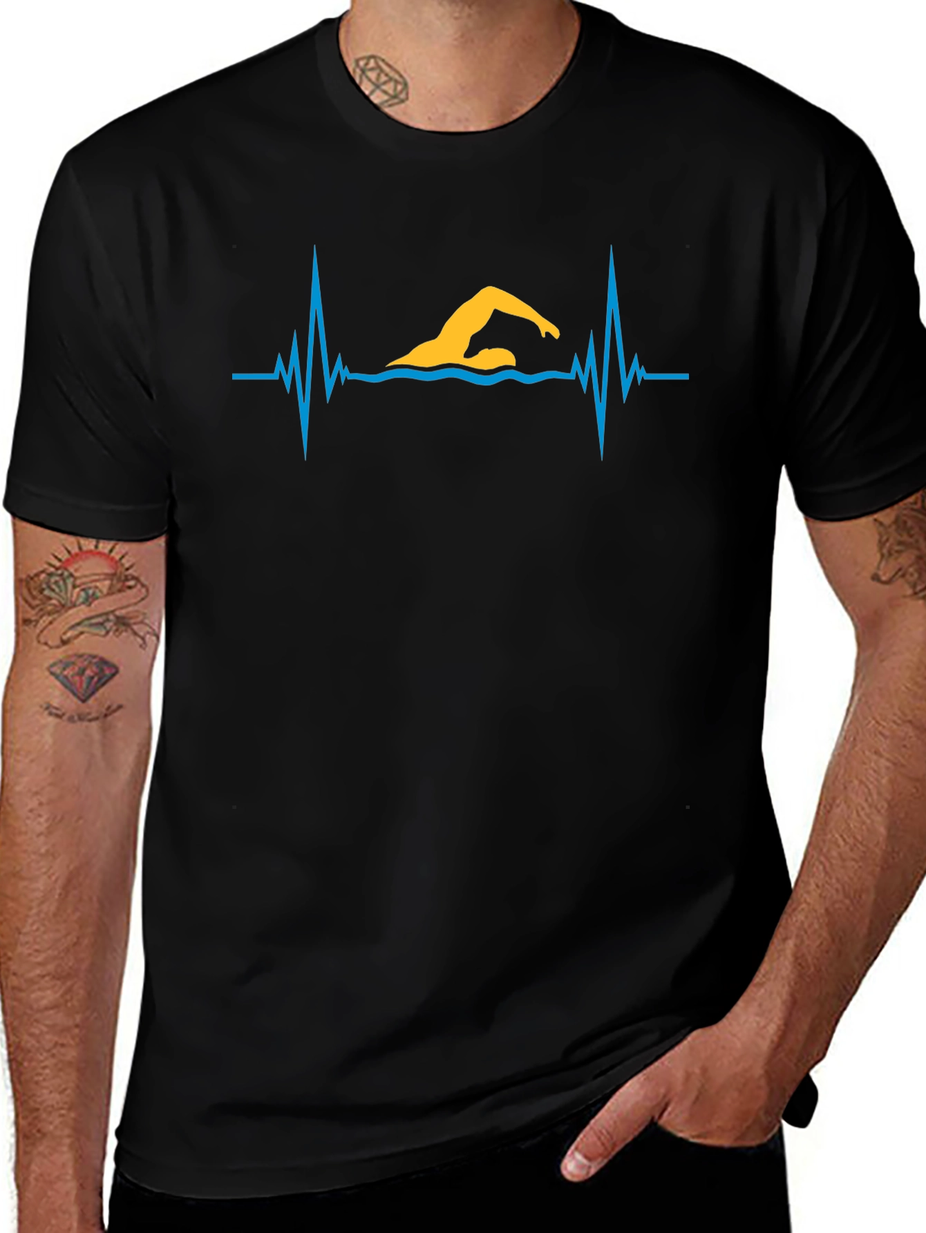 Swimmer Heartbeat Graphic Tee - Black Cotton T-Shirt