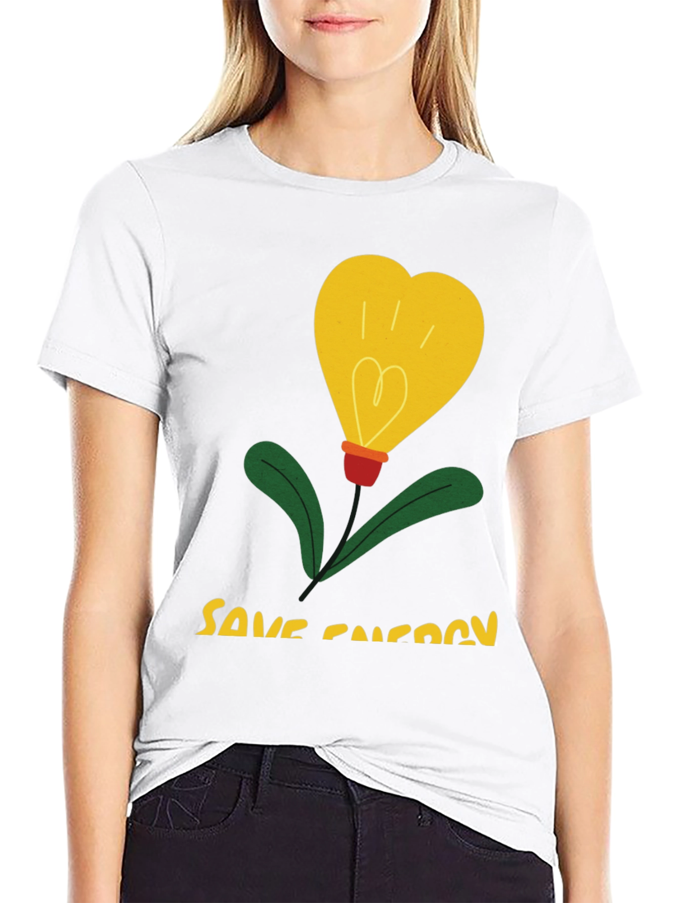 Save Energy T-Shirt Heart Bulb Black Cotton Tee