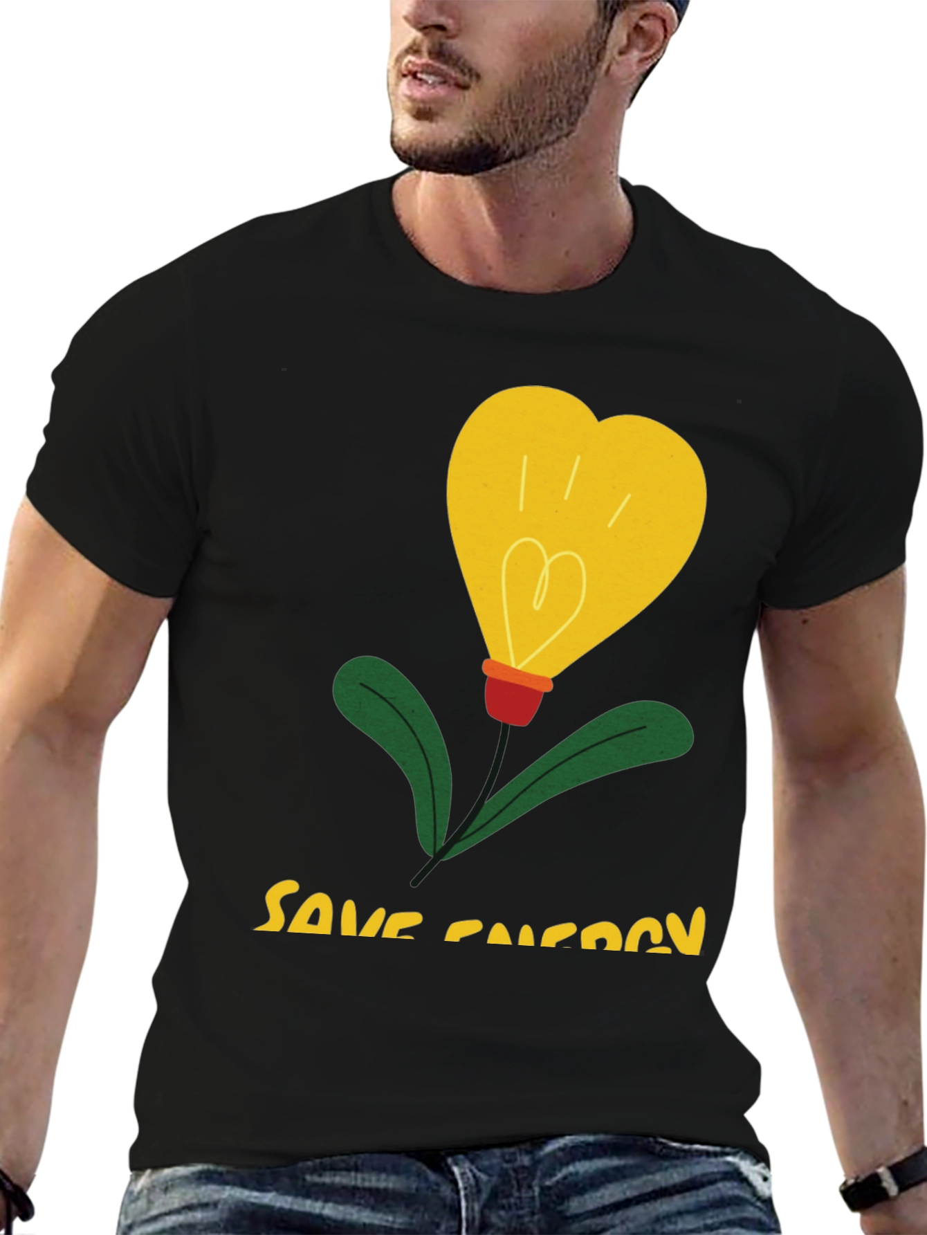 Save Energy T-Shirt Heart Bulb Black Cotton Tee