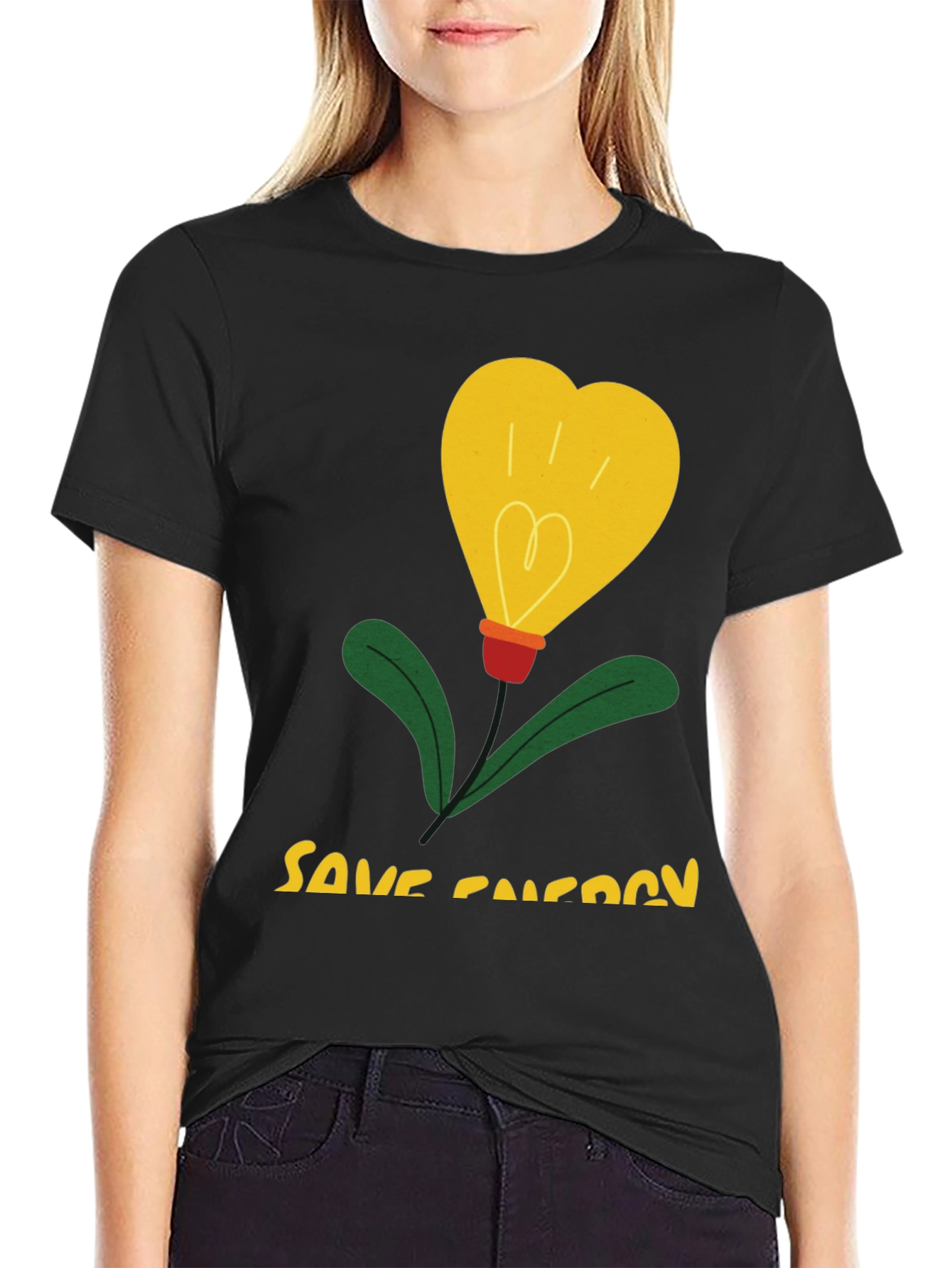 Save Energy T-Shirt Heart Bulb Black Cotton Tee