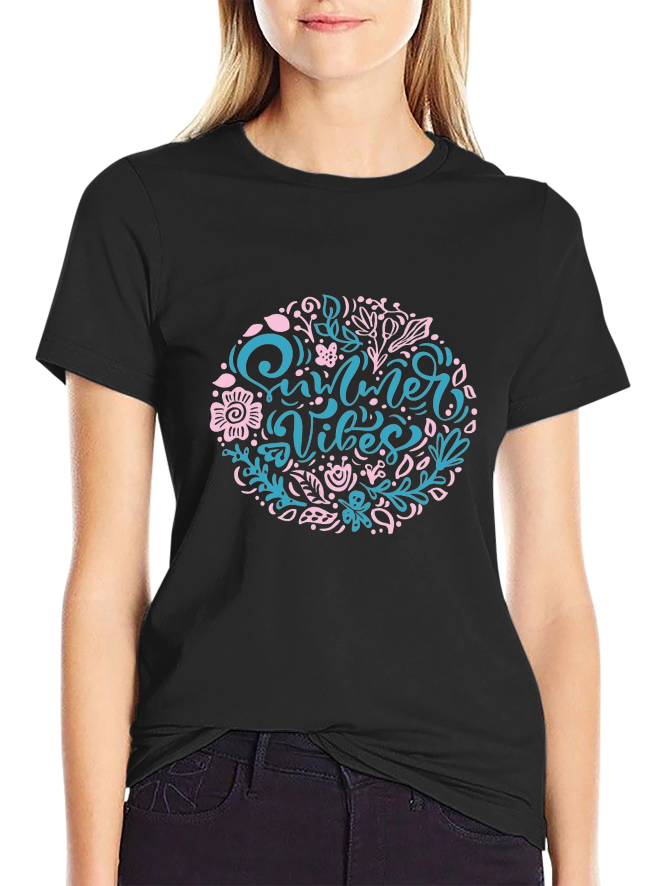 Summer Vibes Floral Print Black T-Shirt
