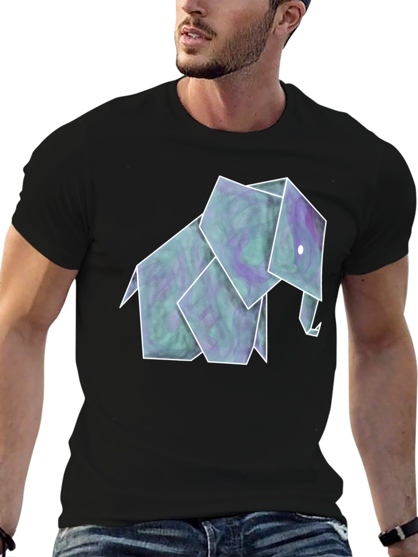 Origami Elephant Tee - Artistic Black Shirt