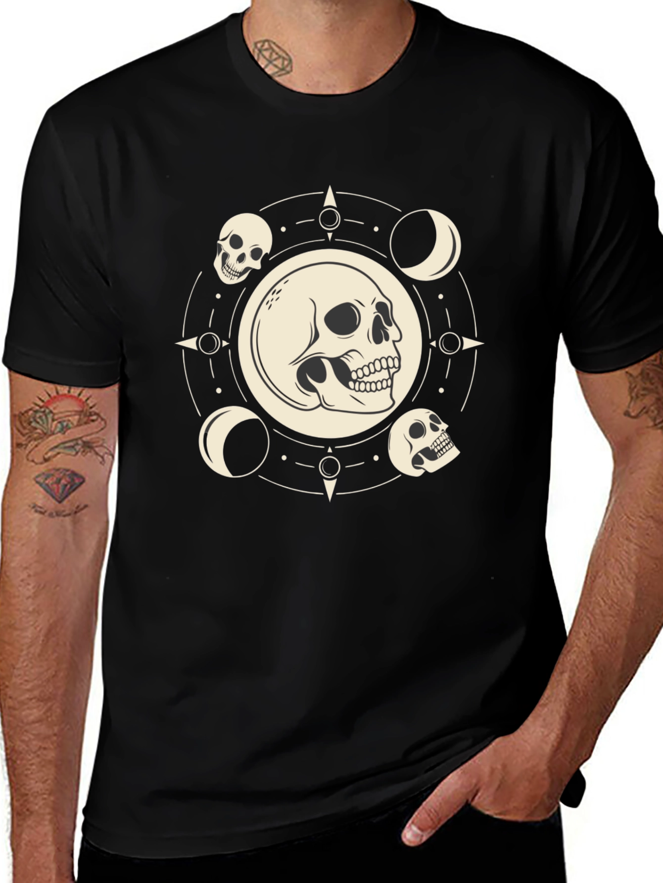 Skull & Moon Phase Graphic Tee - Black Cotton