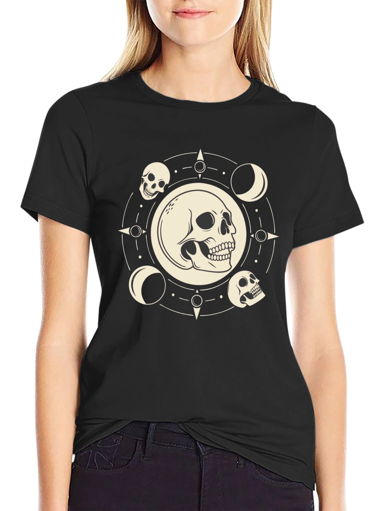 Skull & Moon Phase Graphic Tee - Black Cotton