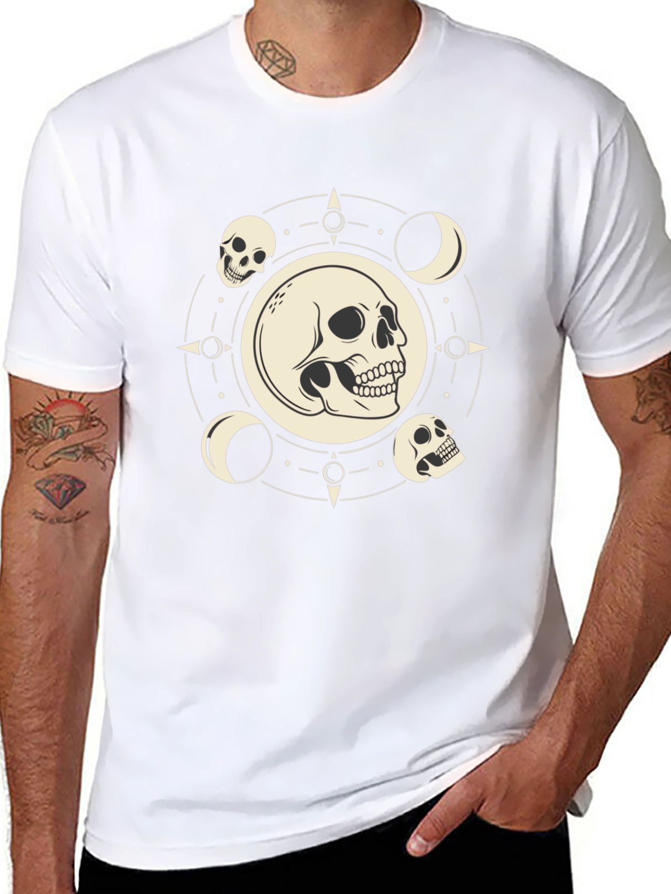 Skull & Moon Phase Graphic Tee - Black Cotton