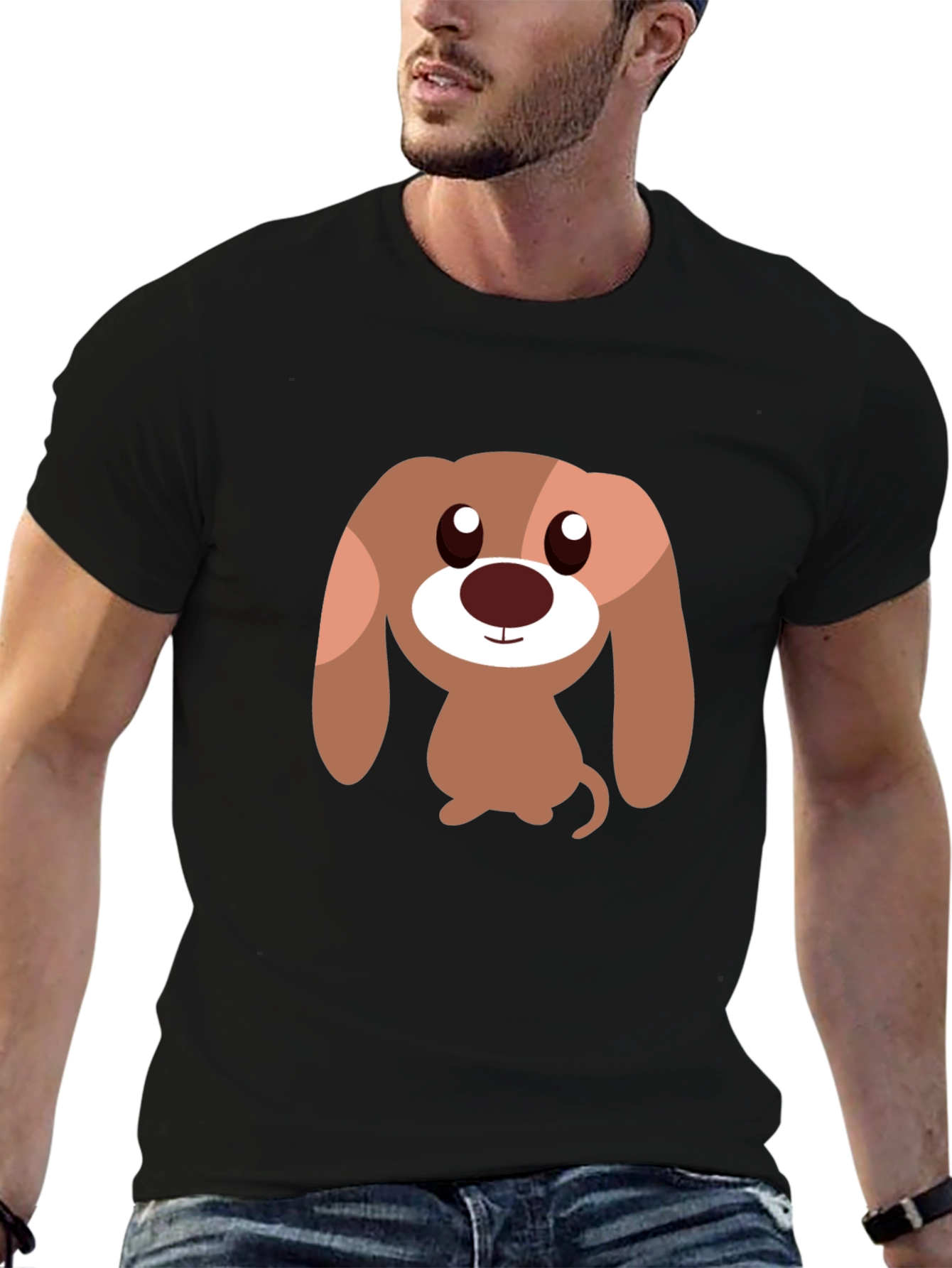 Cartoon Dog Graphic Tee - Black Casual T-Shirt