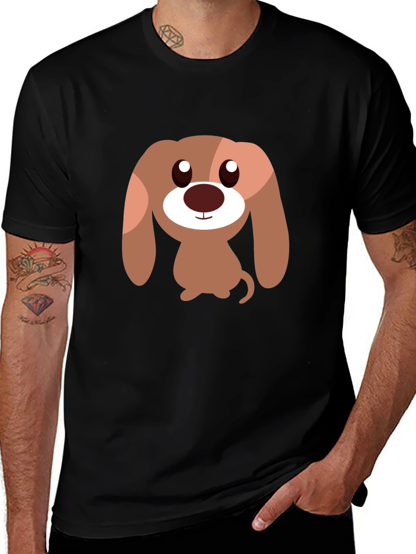 Cartoon Dog Graphic Tee - Black Casual T-Shirt