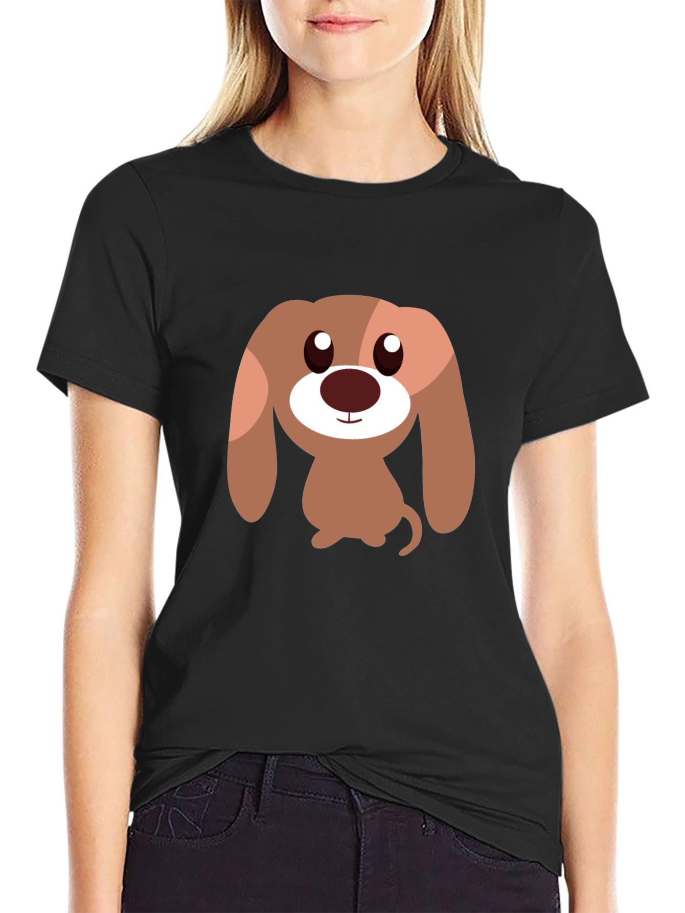 Cartoon Dog Graphic Tee - Black Casual T-Shirt
