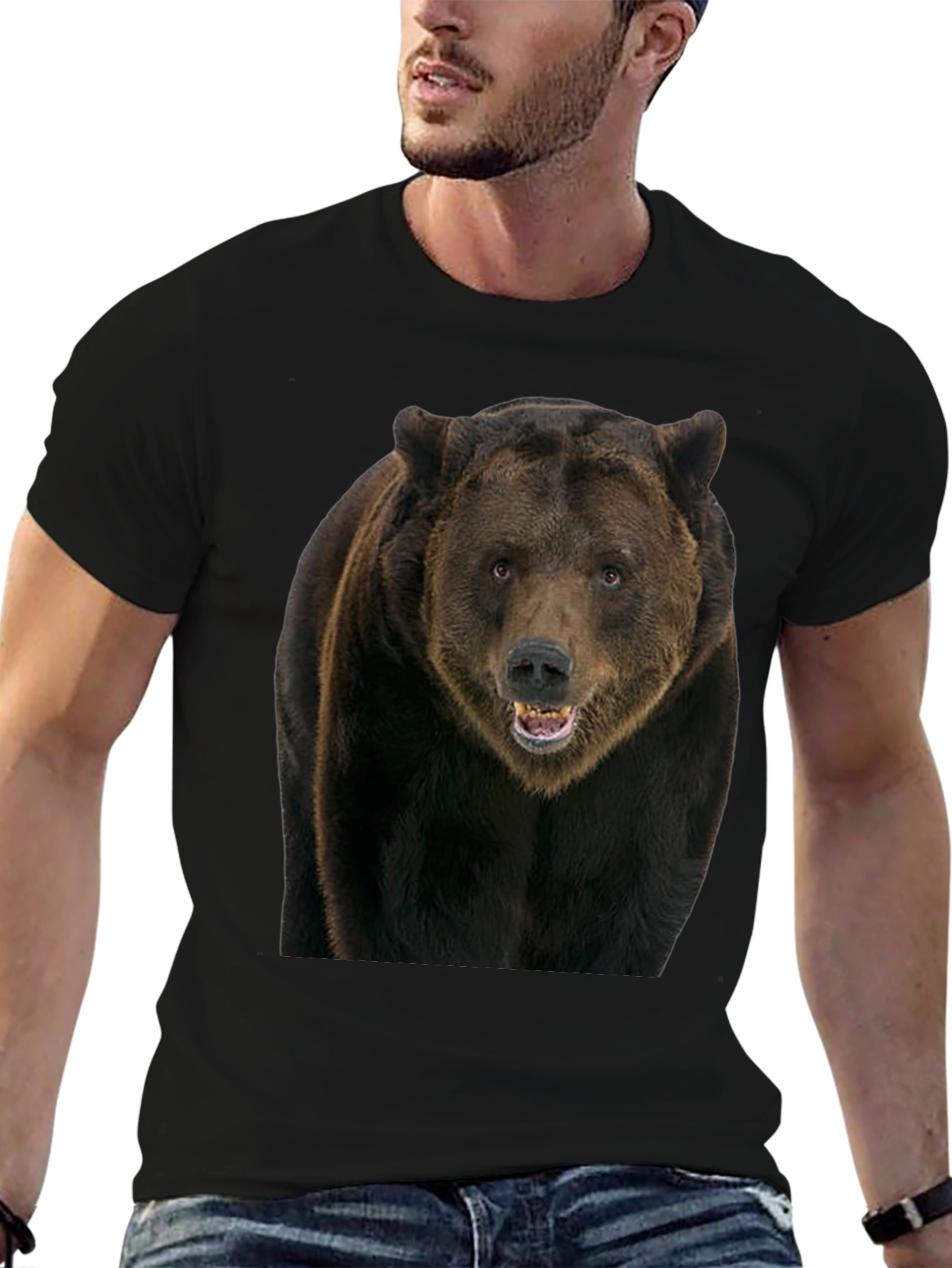 Grizzly Bear Graphic Tee - Black Cotton Shirt