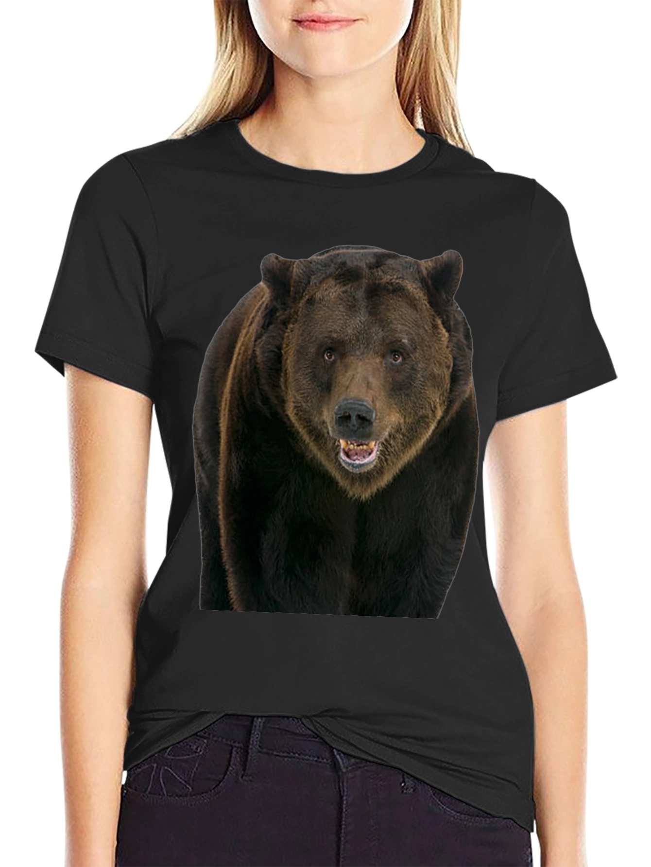 Grizzly Bear Graphic Tee - Black Cotton Shirt