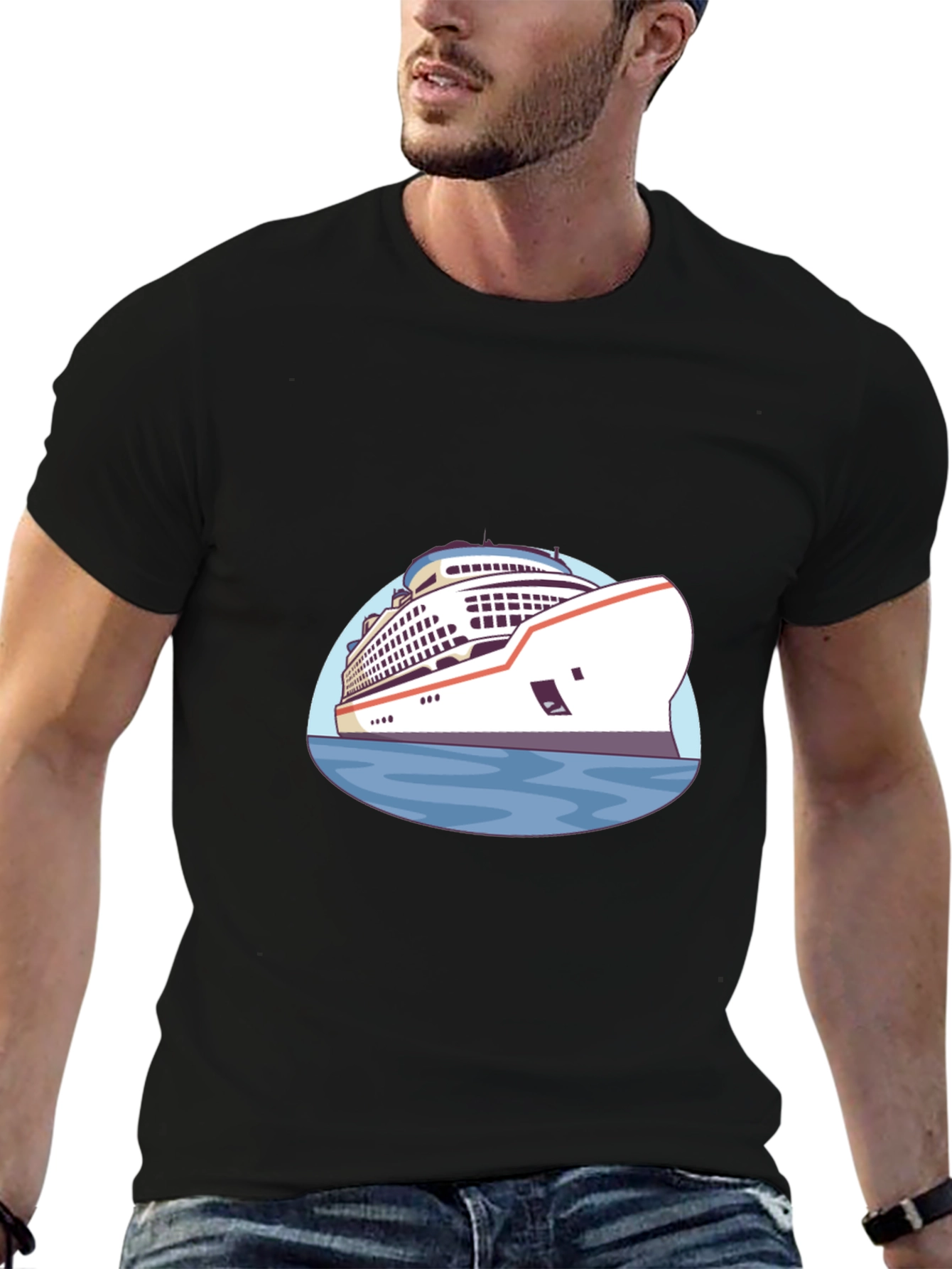 Cruise Ship Graphic T-Shirt - Black Cotton Tee