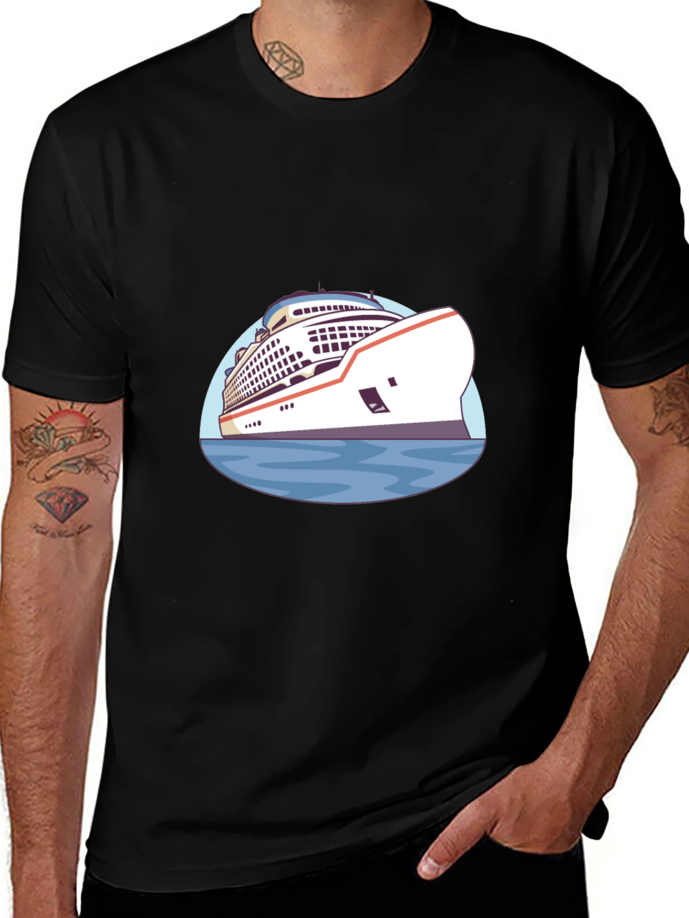 Cruise Ship Graphic T-Shirt - Black Cotton Tee