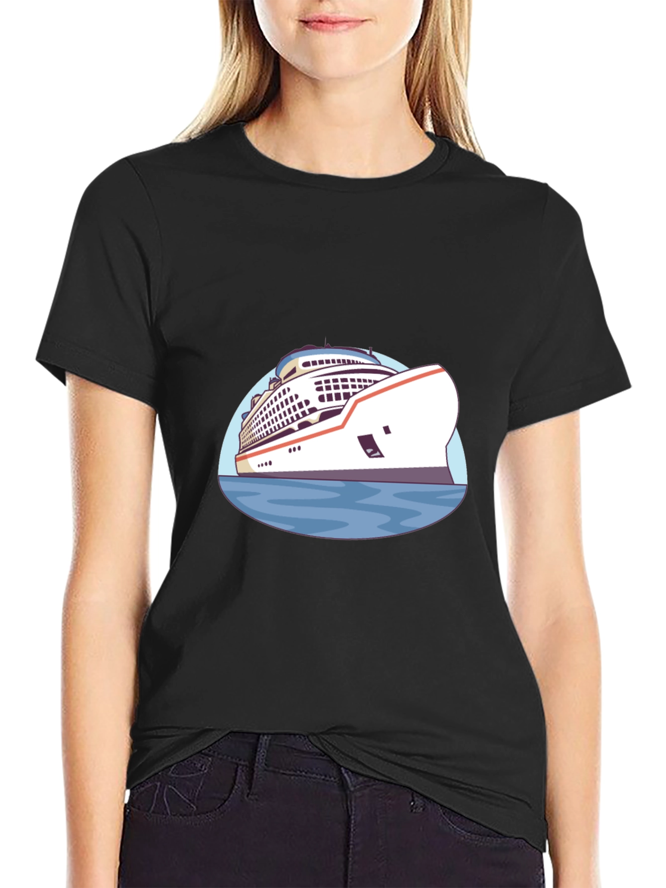 Cruise Ship Graphic T-Shirt - Black Cotton Tee