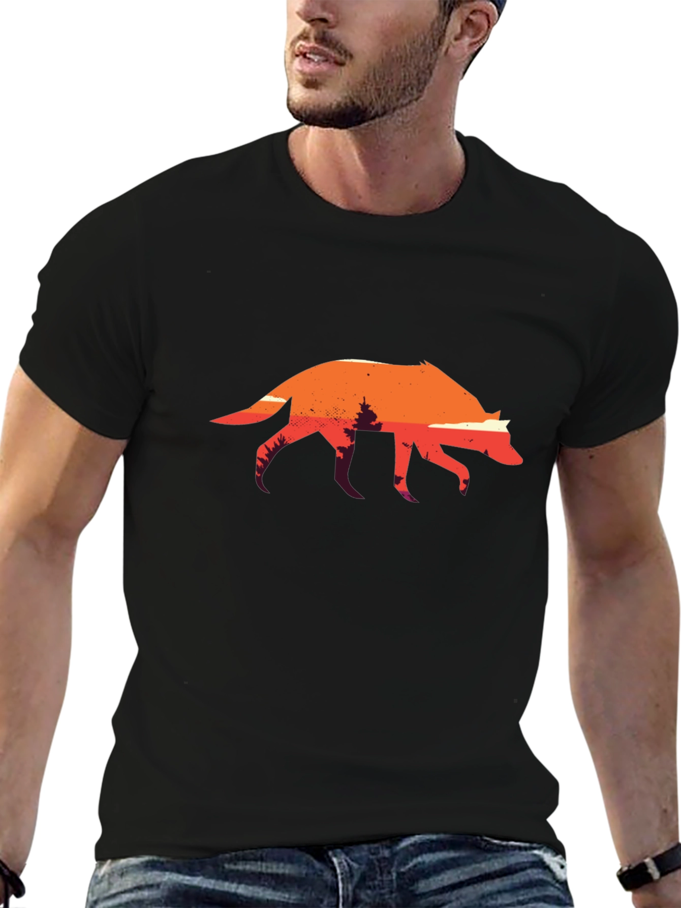 Sunset Wolf Graphic Tee - Black Cotton T-Shirt