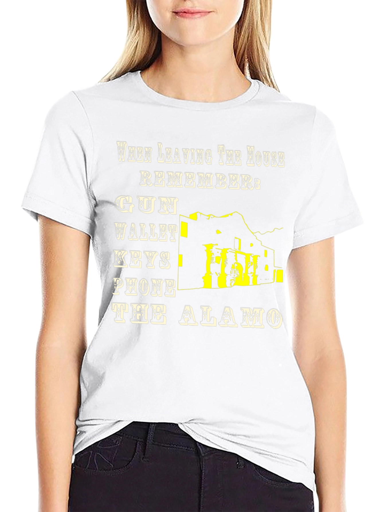 Leaving House T-Shirt: Gun Wallet Keys Phone Alamo