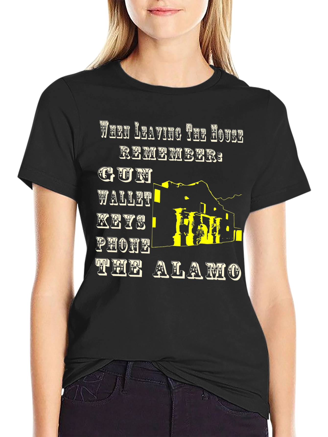 Leaving House T-Shirt: Gun Wallet Keys Phone Alamo