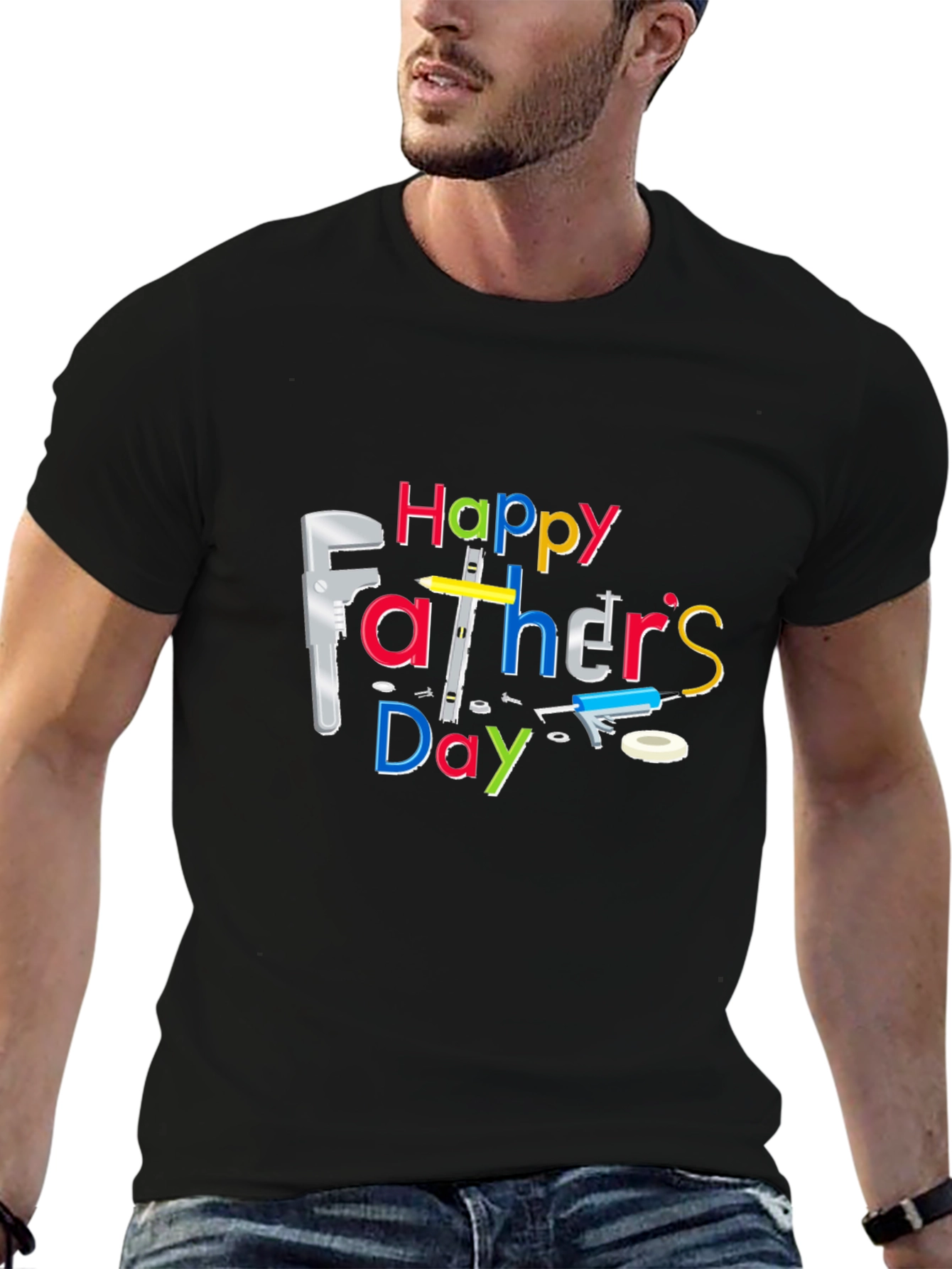 Happy Fathers Day T-Shirt - Black Crew Neck Tee