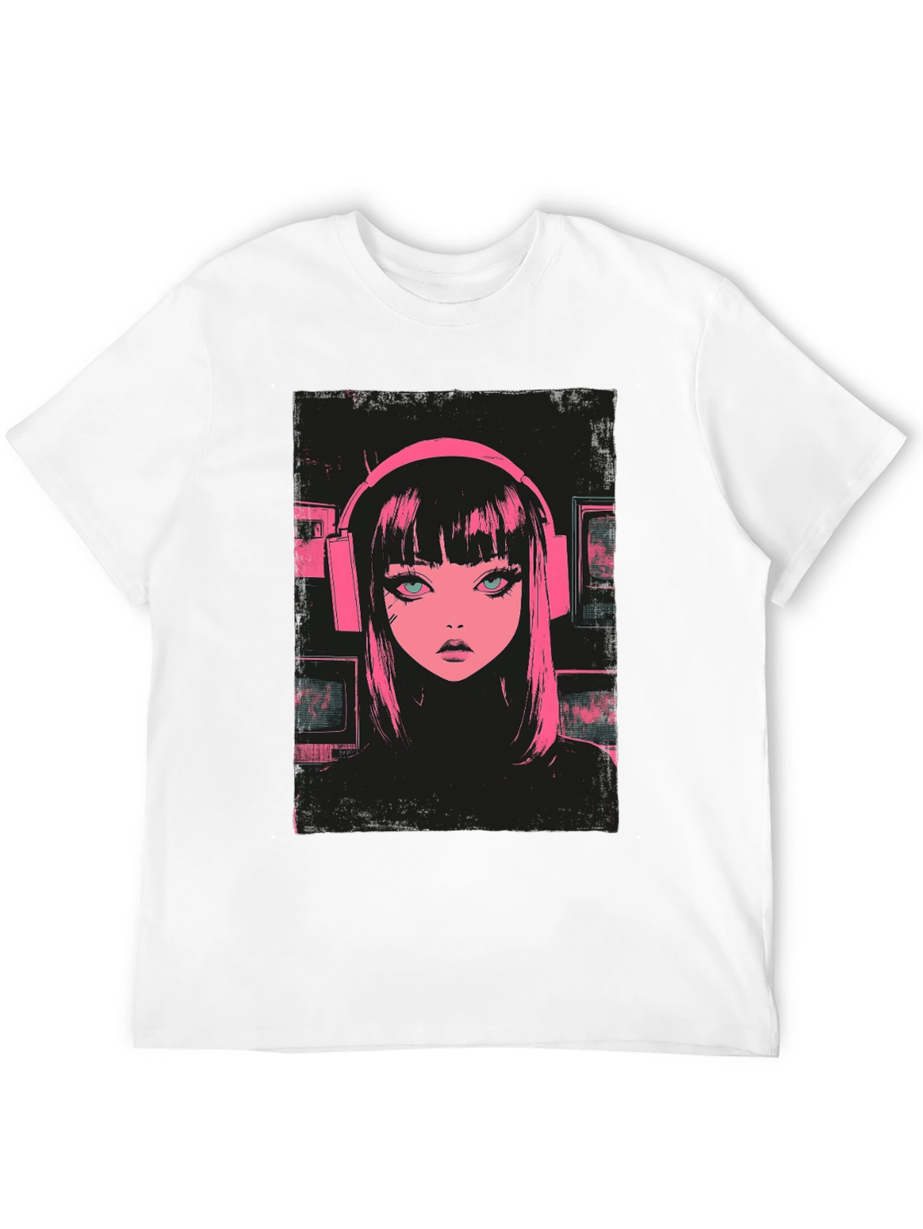 Anime Girl Pink Headphones Black T-Shirt