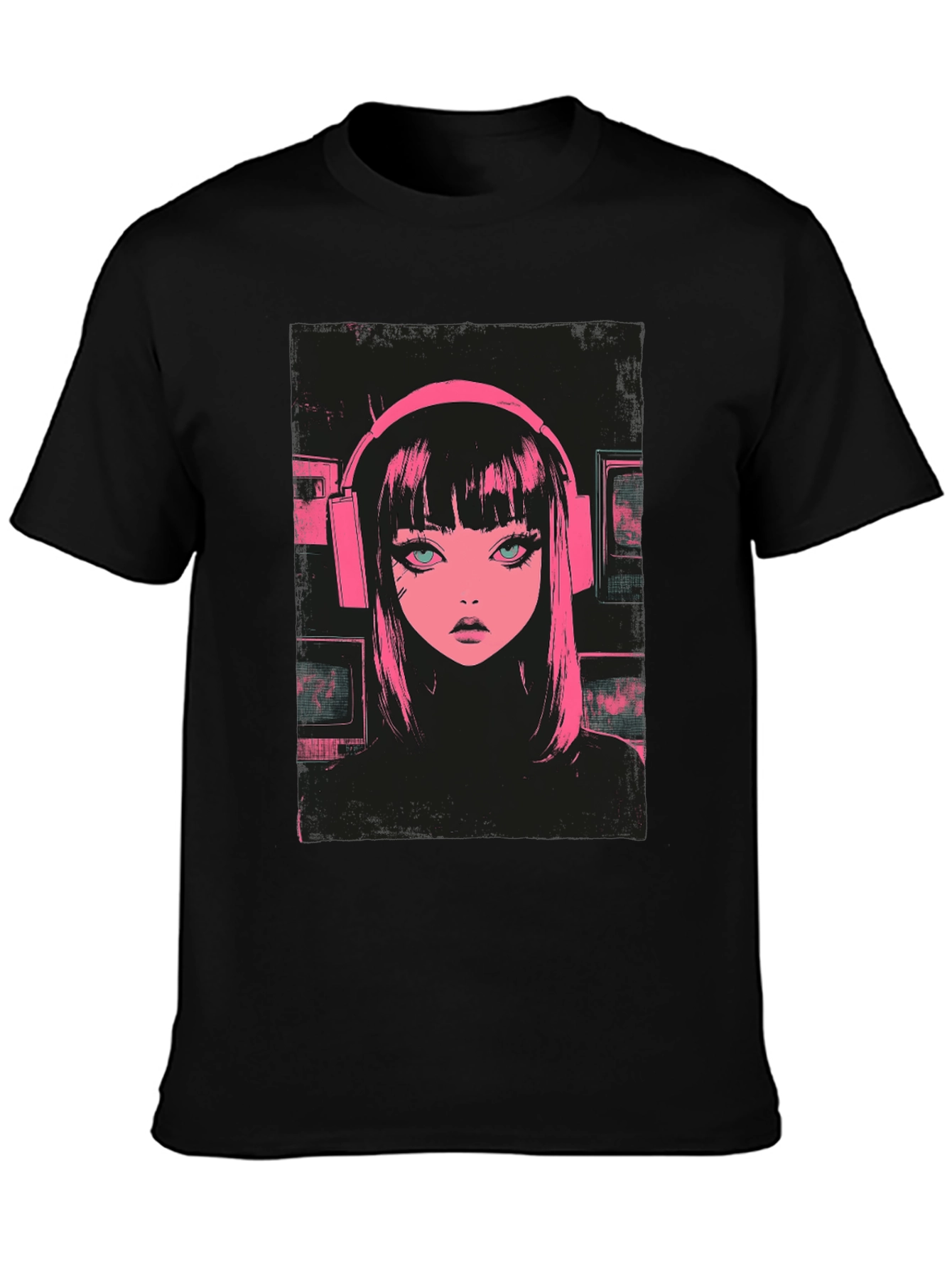 Anime Girl Pink Headphones Black T-Shirt