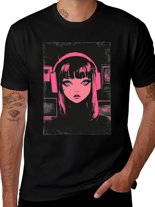 Anime Girl Pink Headphones Black T-Shirt