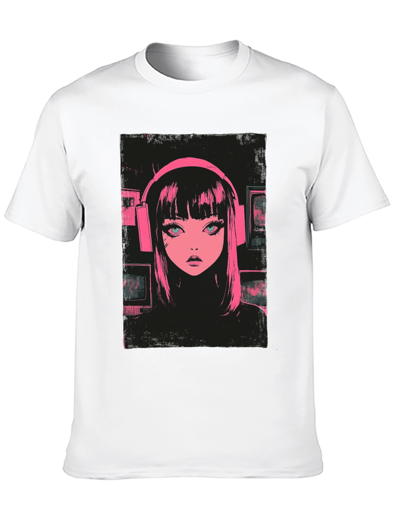 Anime Girl Pink Headphones Black T-Shirt