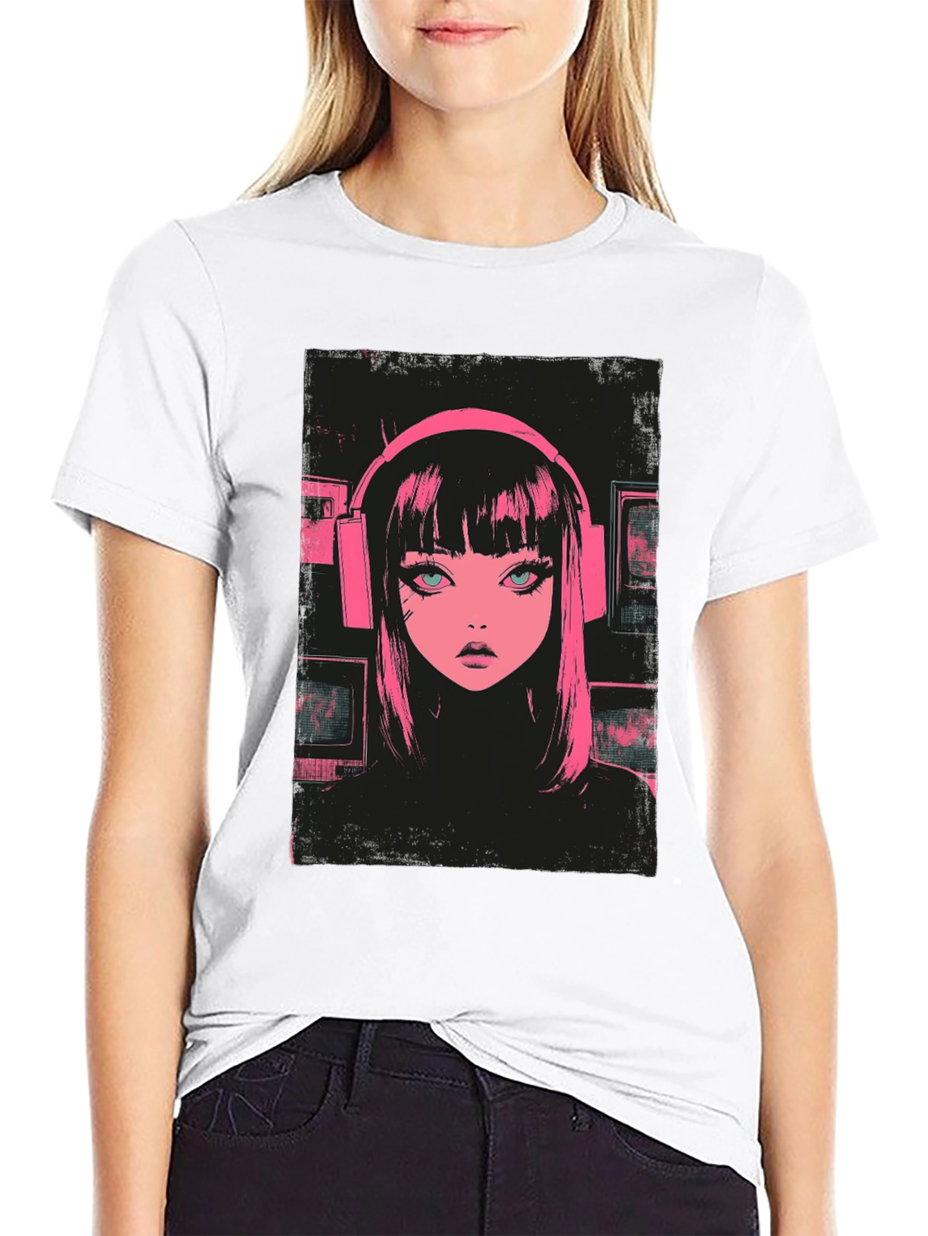 Anime Girl Pink Headphones Black T-Shirt