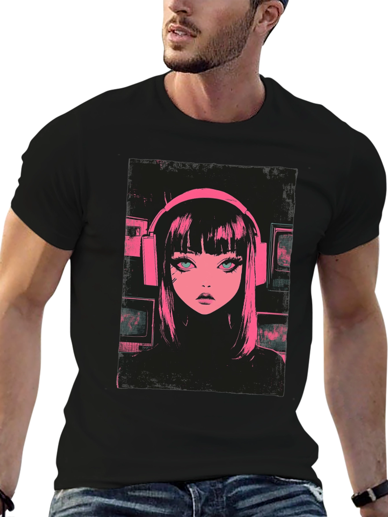 Anime Girl Pink Headphones Black T-Shirt