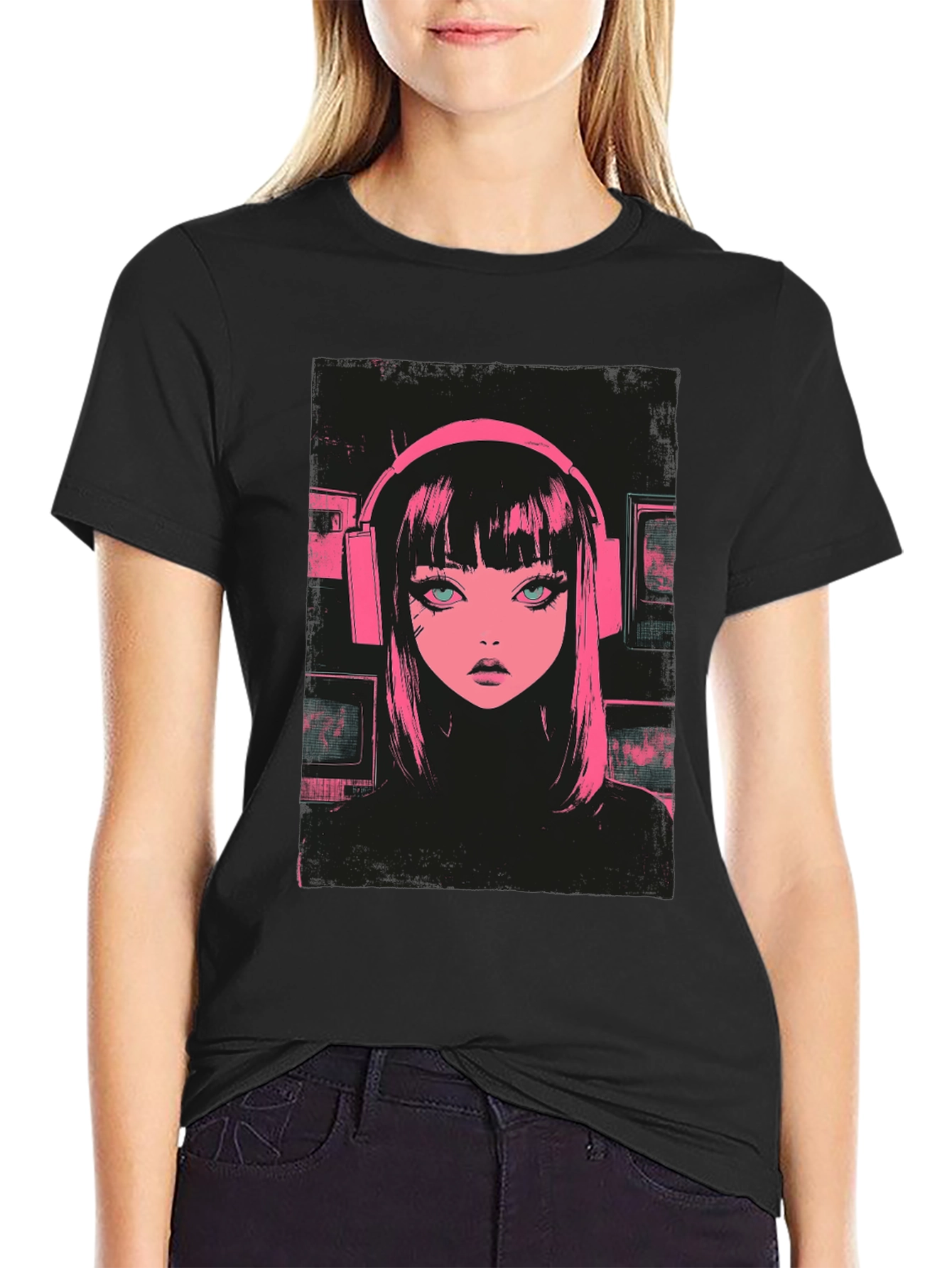Anime Girl Pink Headphones Black T-Shirt