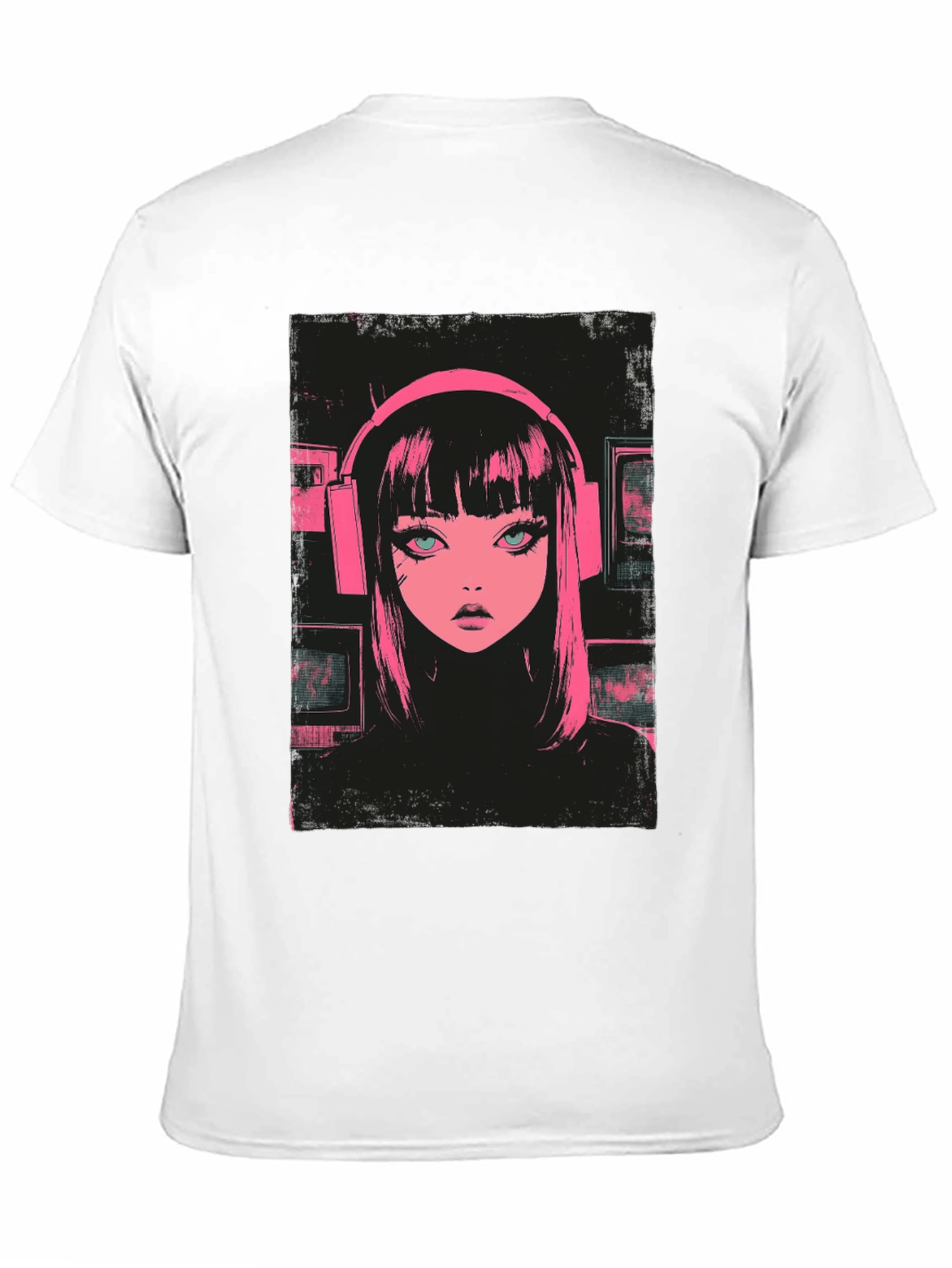 Anime Girl Pink Headphones Black T-Shirt