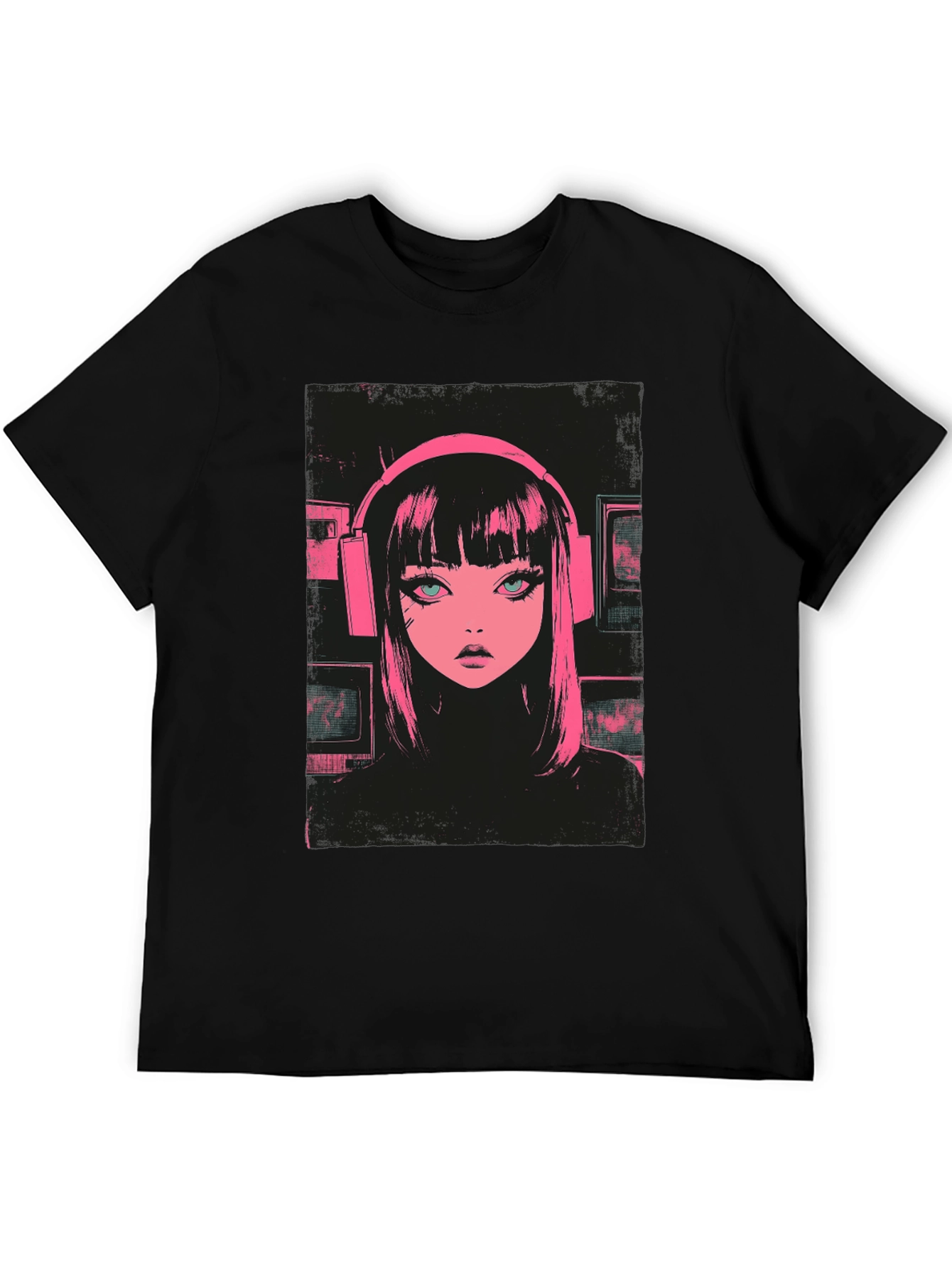 Anime Girl Pink Headphones Black T-Shirt