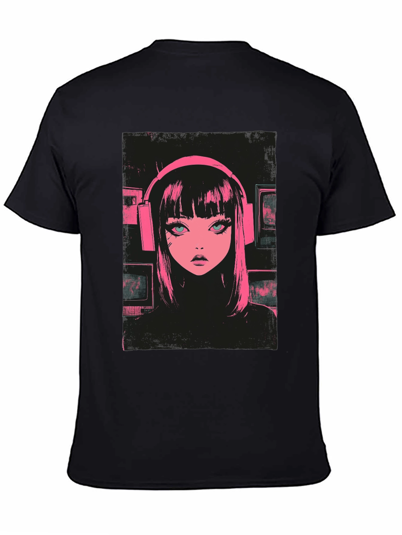 Anime Girl Pink Headphones Black T-Shirt