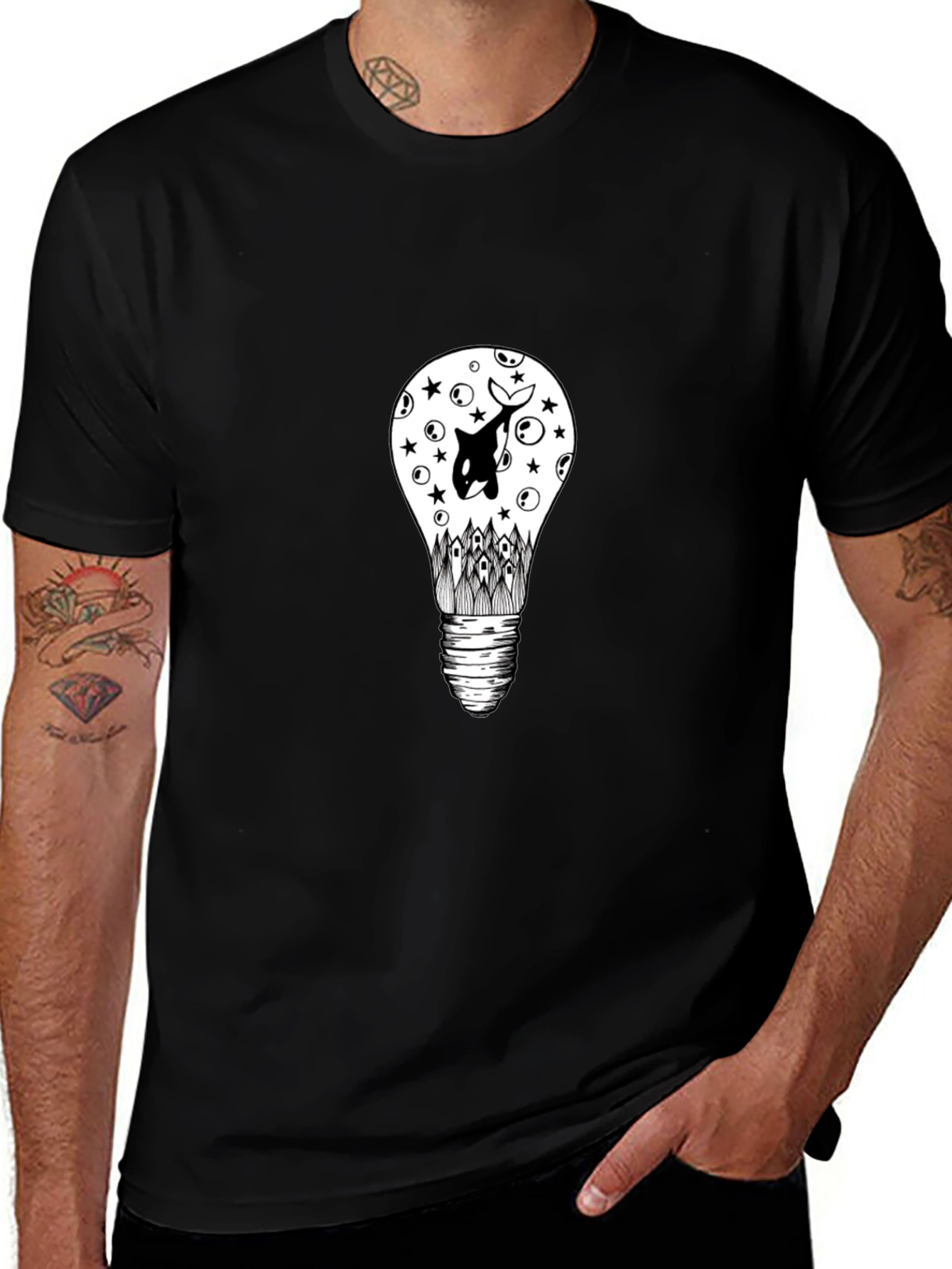 Black T-Shirt with Light Bulb & Orca Graphic