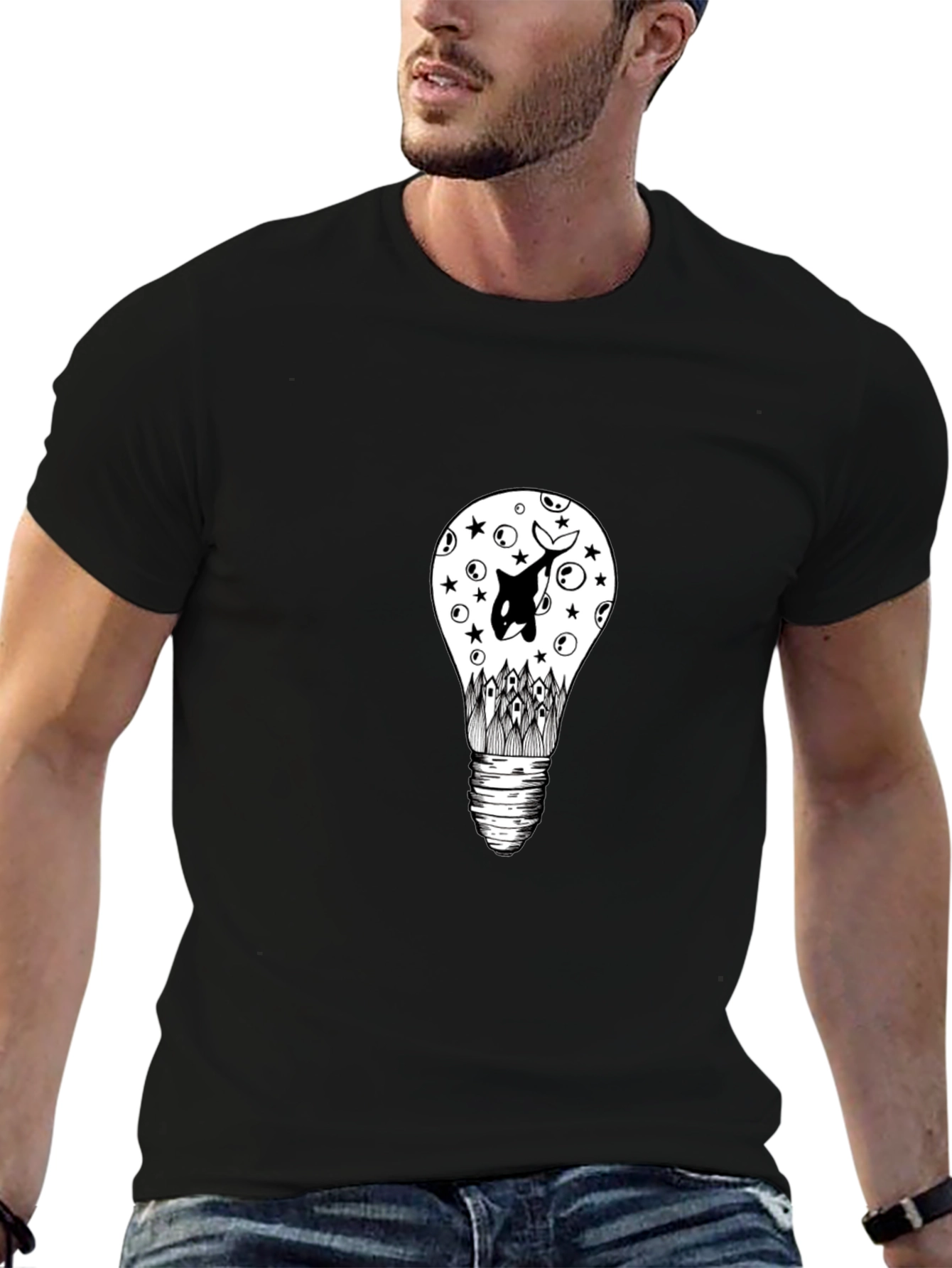 Black T-Shirt with Light Bulb & Orca Graphic