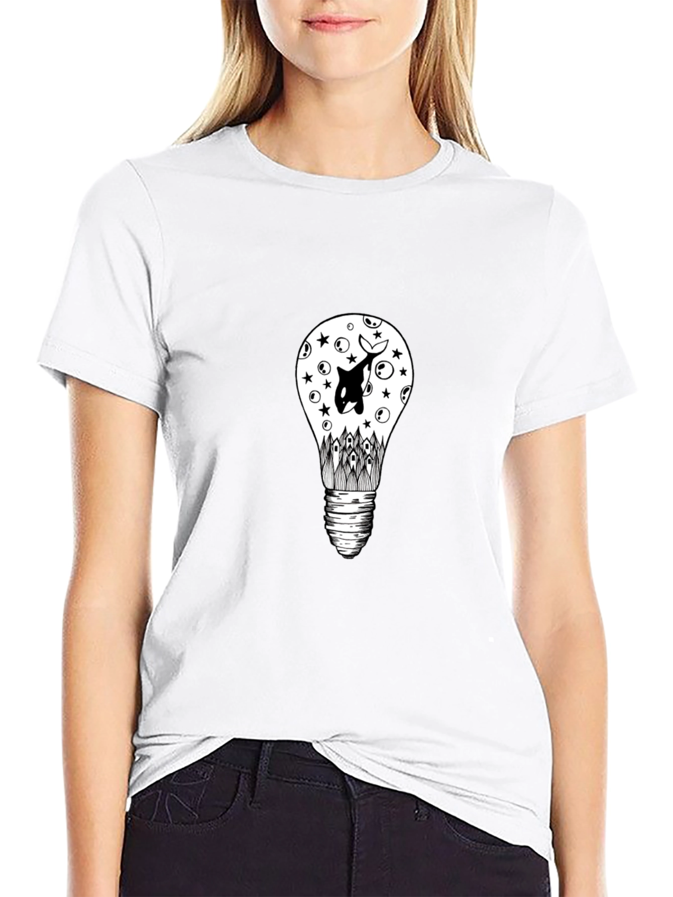 Black T-Shirt with Light Bulb & Orca Graphic