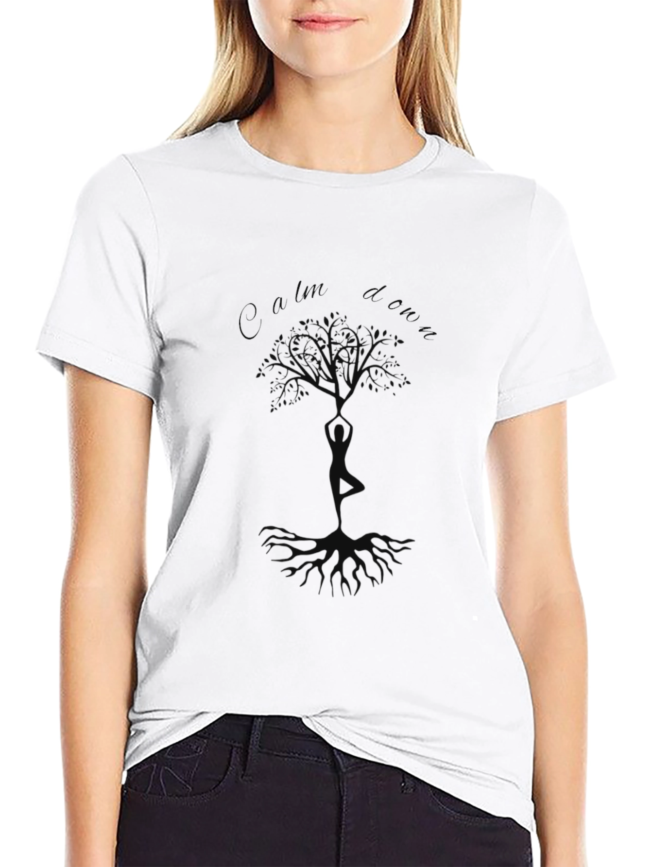 Calm Down Yoga Tree Black T-Shirt