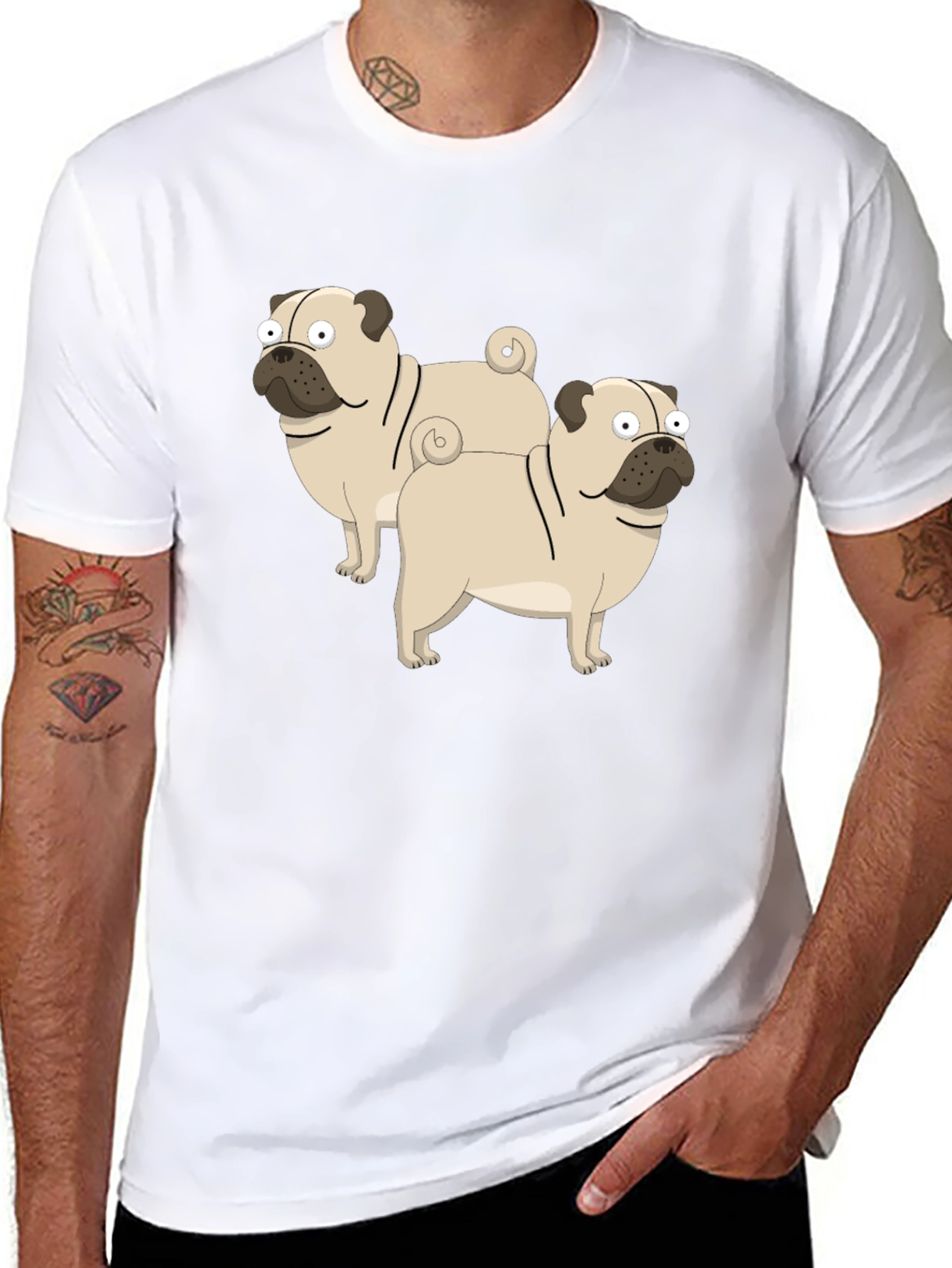 Cartoon Pug Graphic T-Shirt - Black Cotton Blend