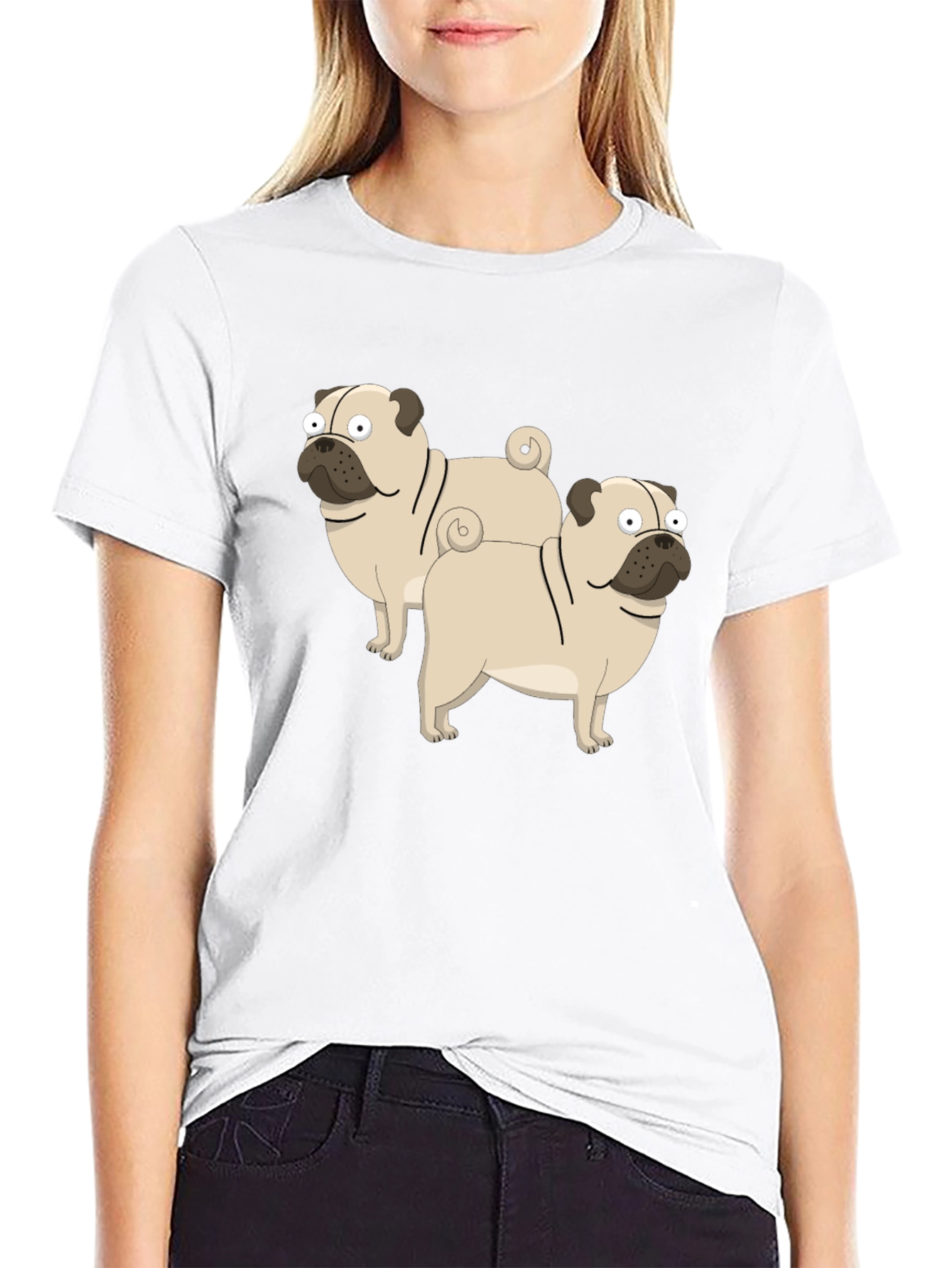 Cartoon Pug Graphic T-Shirt - Black Cotton Blend